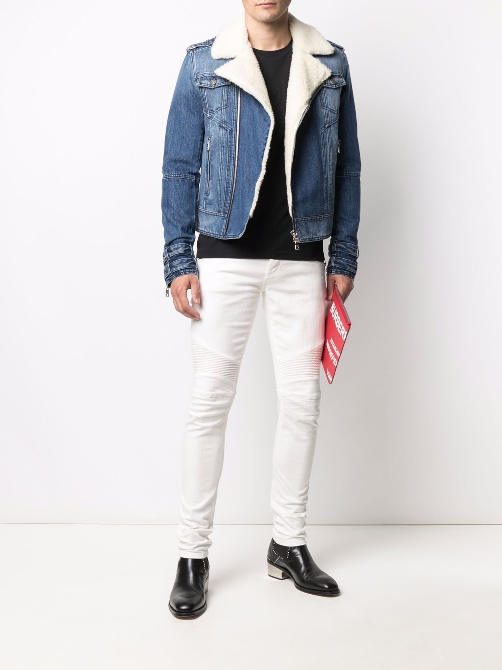 shearling collar denim biker jacket - 2