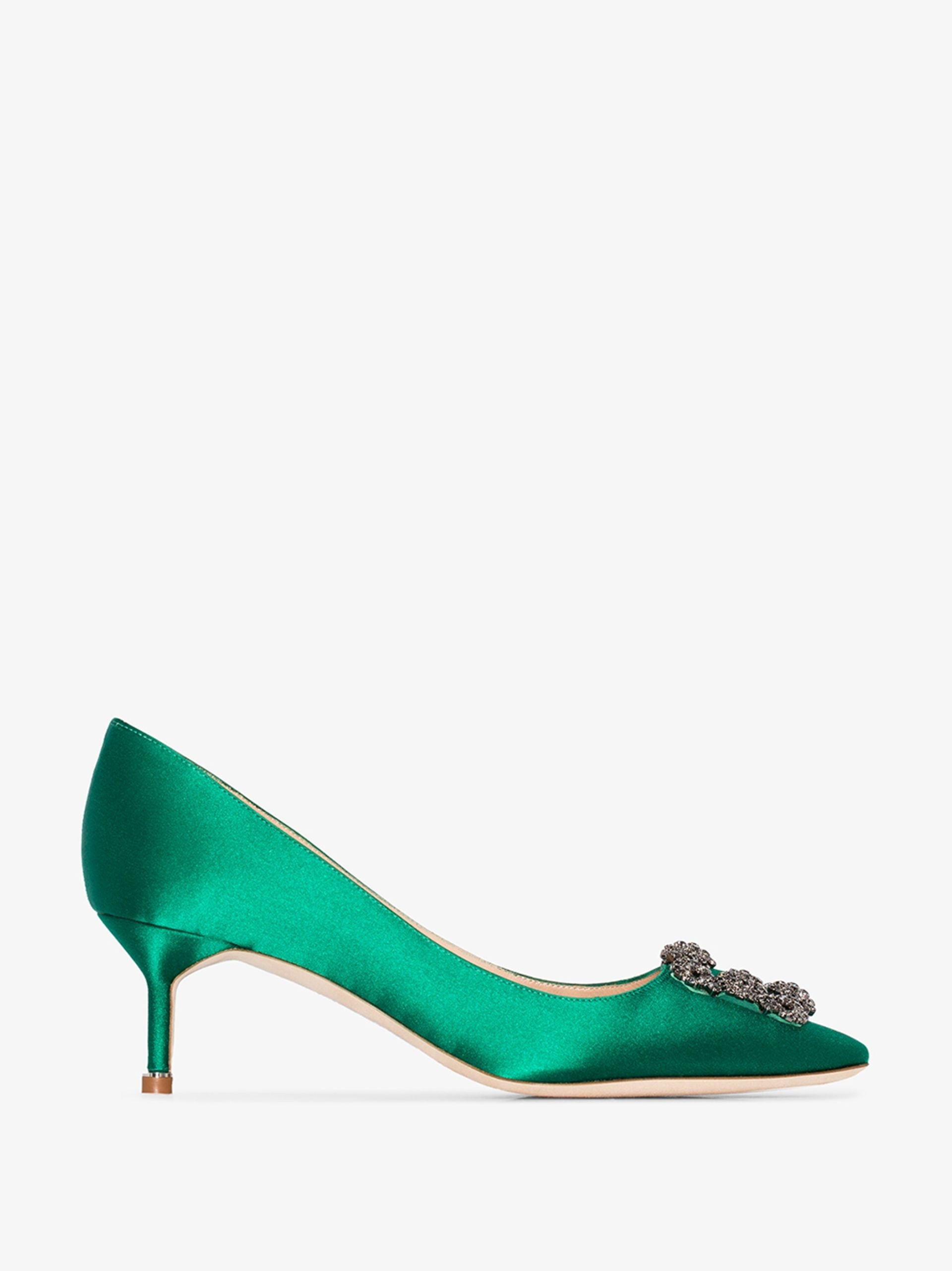 Green Hangisi 50 Crystal Buckle Satin Pumps - 1