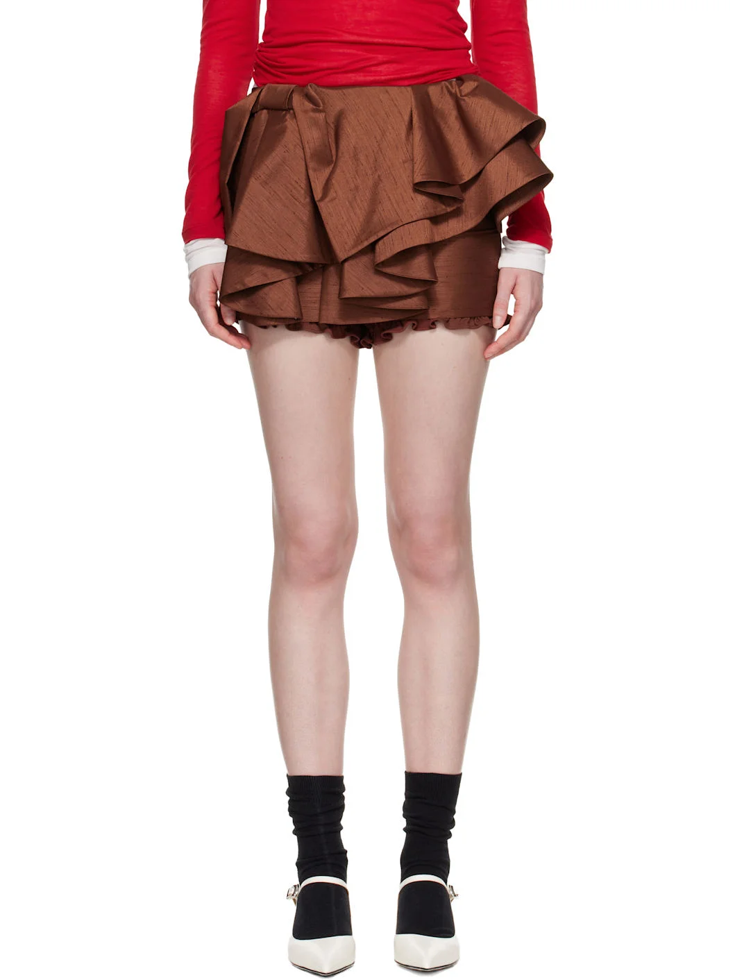 Brown Asymmetrical Bow & Ruffle Miniskirt - 1