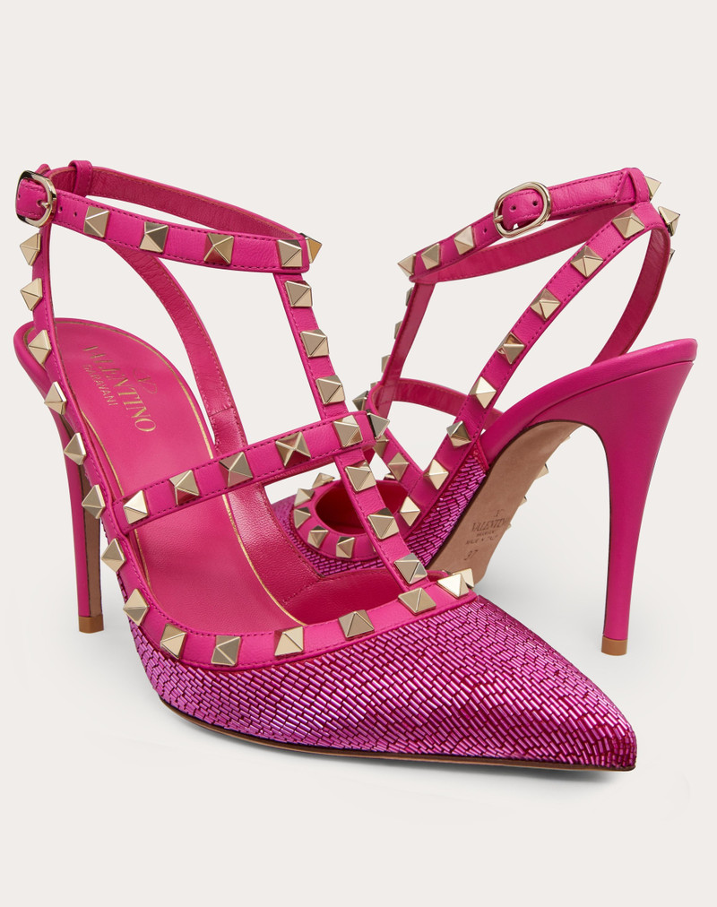 SATIN ROCKSTUD PUMP WITH ALL-OVER TUBES EMBROIDERY AND STRAPS 100MM 5