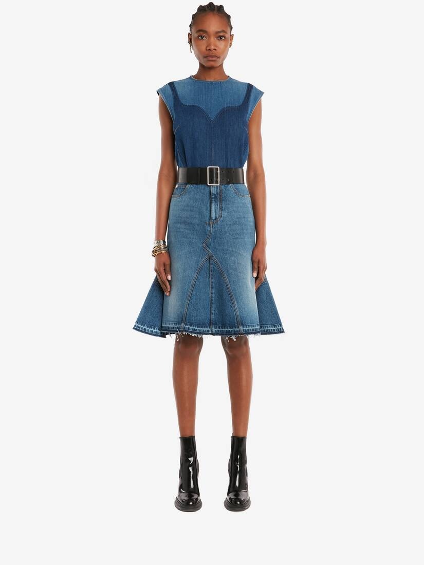 Kickback Denim Mini Skirt in Washed Blue - 2