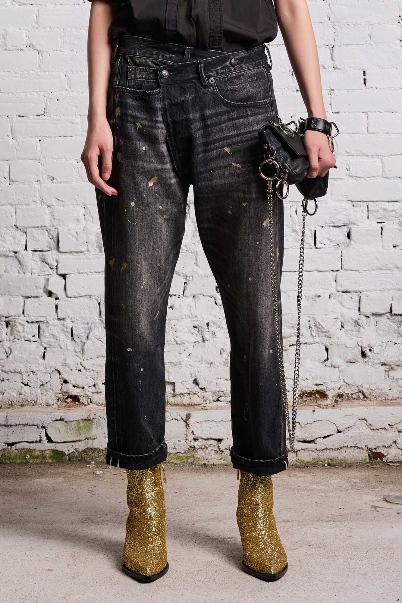 【R13】ジェーン・ジーン R13 GOLD SPLATTER CROSSOVER JEAN - ETON SELVEDGE BLACK