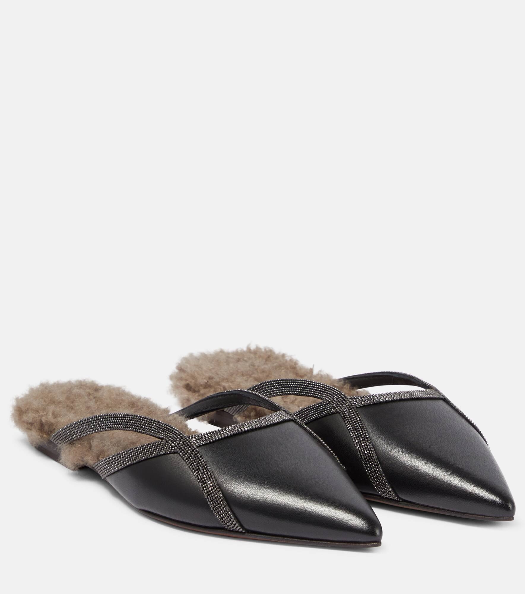 Shearling-trimmed leather slippers - 1