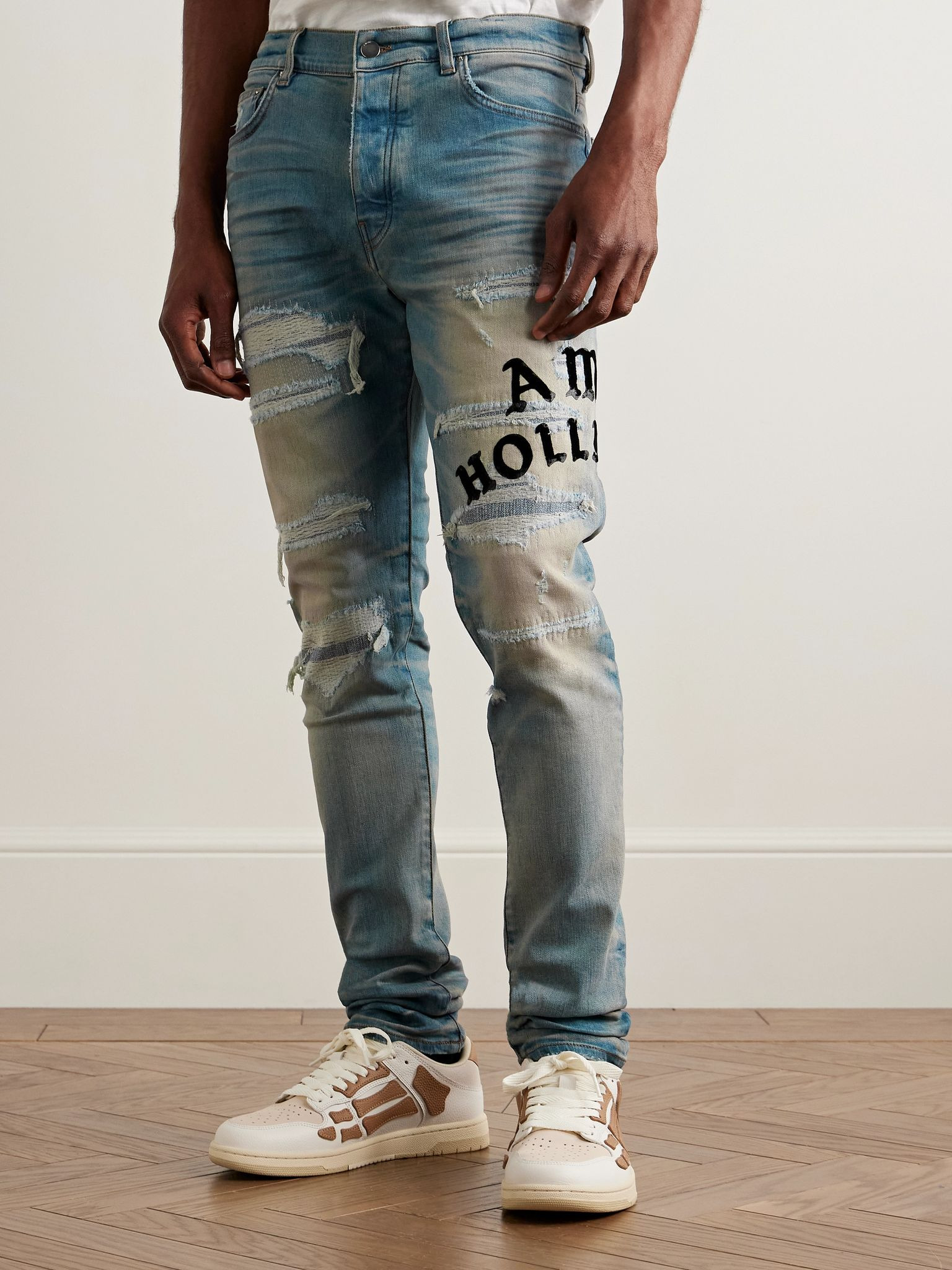 Hollywood Skinny-Fit Logo-Flocked Distressed Jeans Blue - 3
