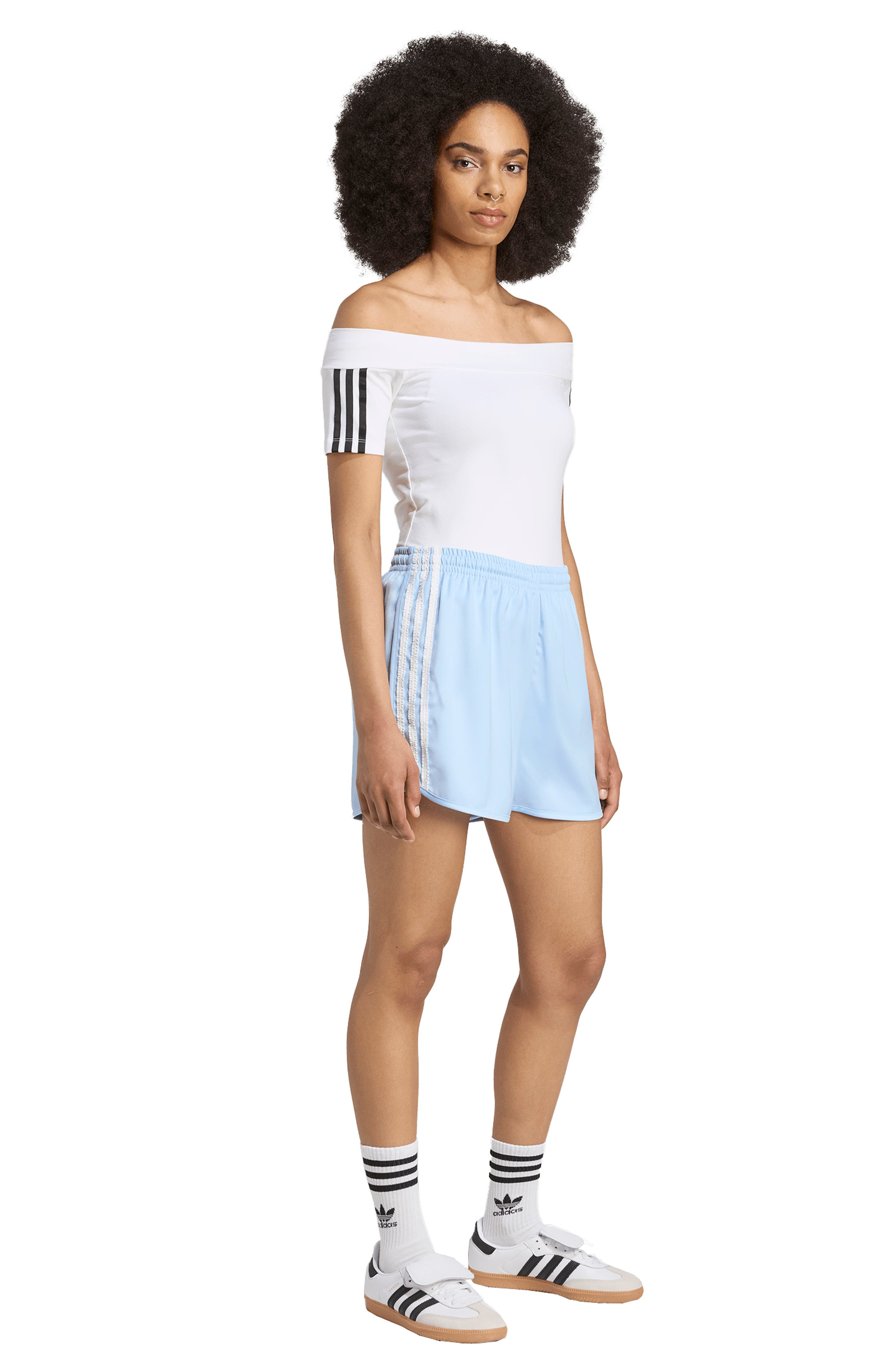 adidas Ruffle 3-Stripes Satin Shorts in Clear Sky at Nordstrom - 6