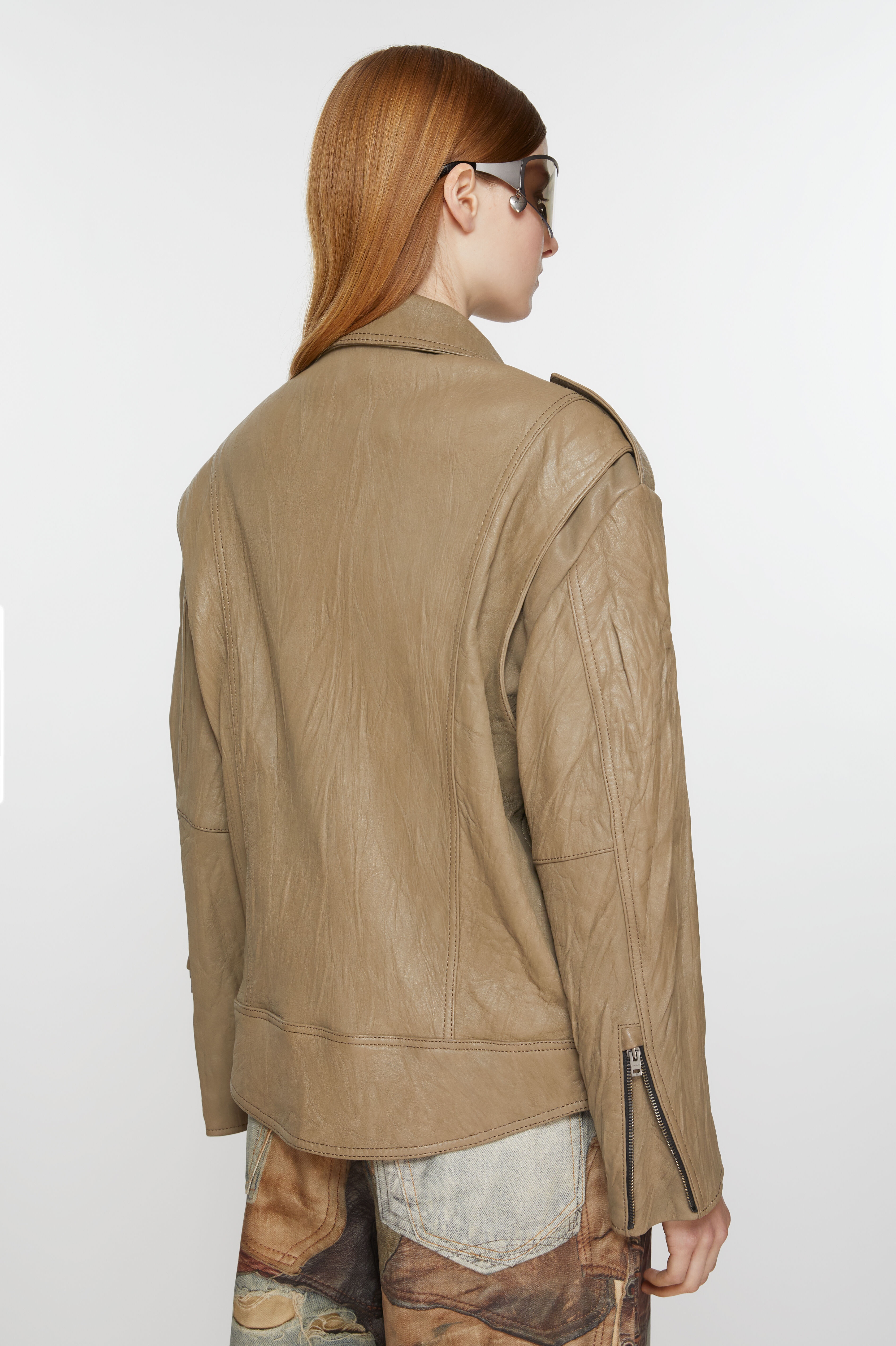 Crinkled leather biker jacket - Brown - 4