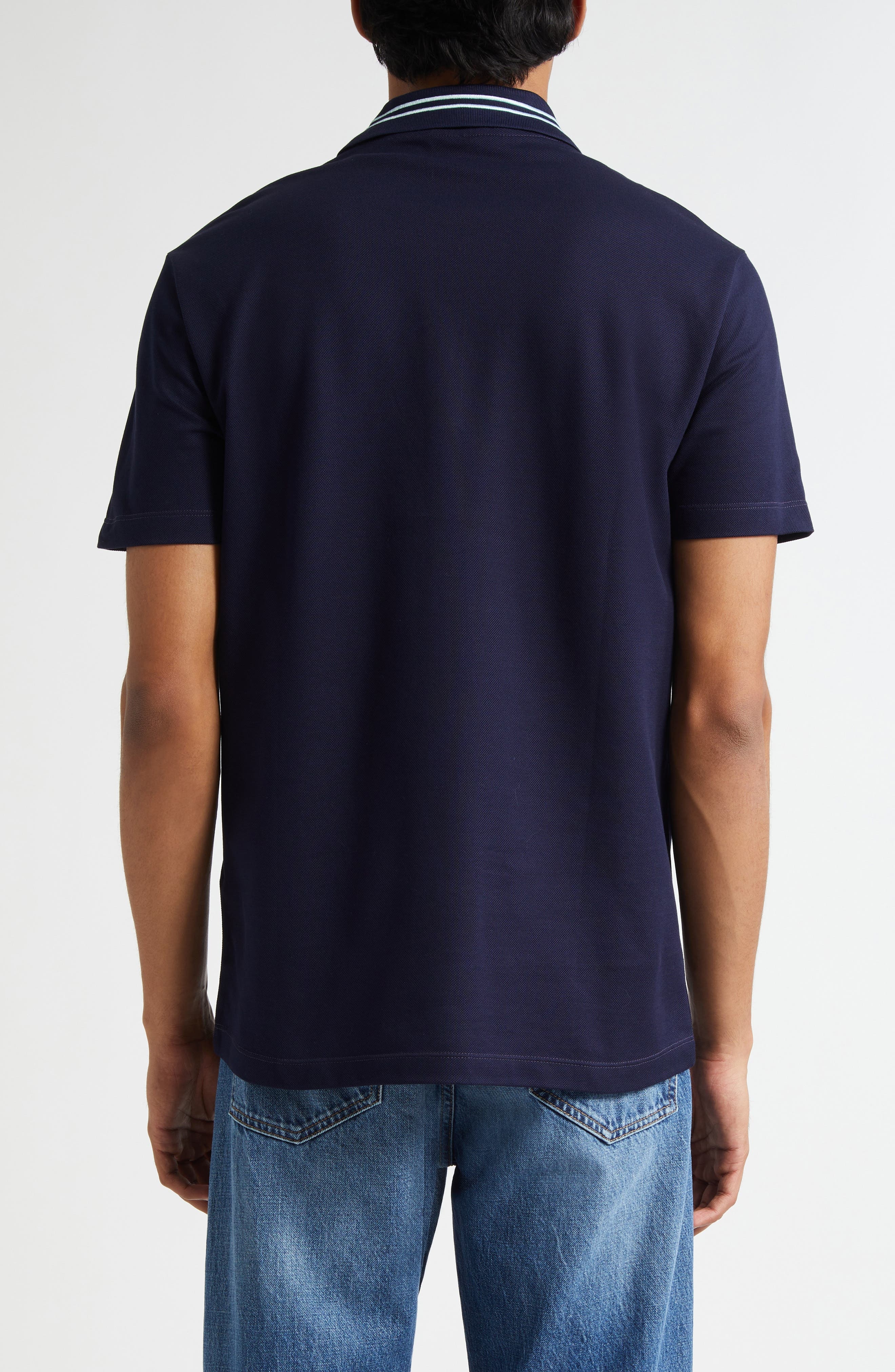 Versace Stripe Collar Cotton Piqué Polo in Navy Blue at Nordstrom - 2