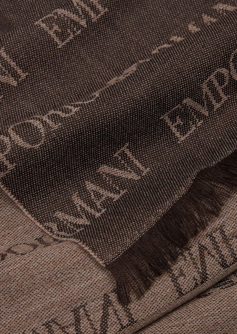 EMPORIO ARMANI Virgin-wool blend scarf with jacquard logo lettering and fringes outlook