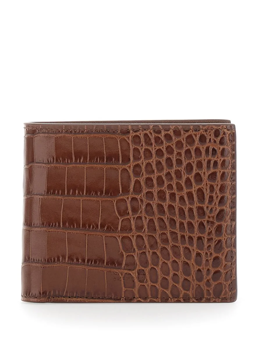 Tom Ford Brown Bi-Fold Wallet With Embossed Crocodile Effect In Leather Man - 1