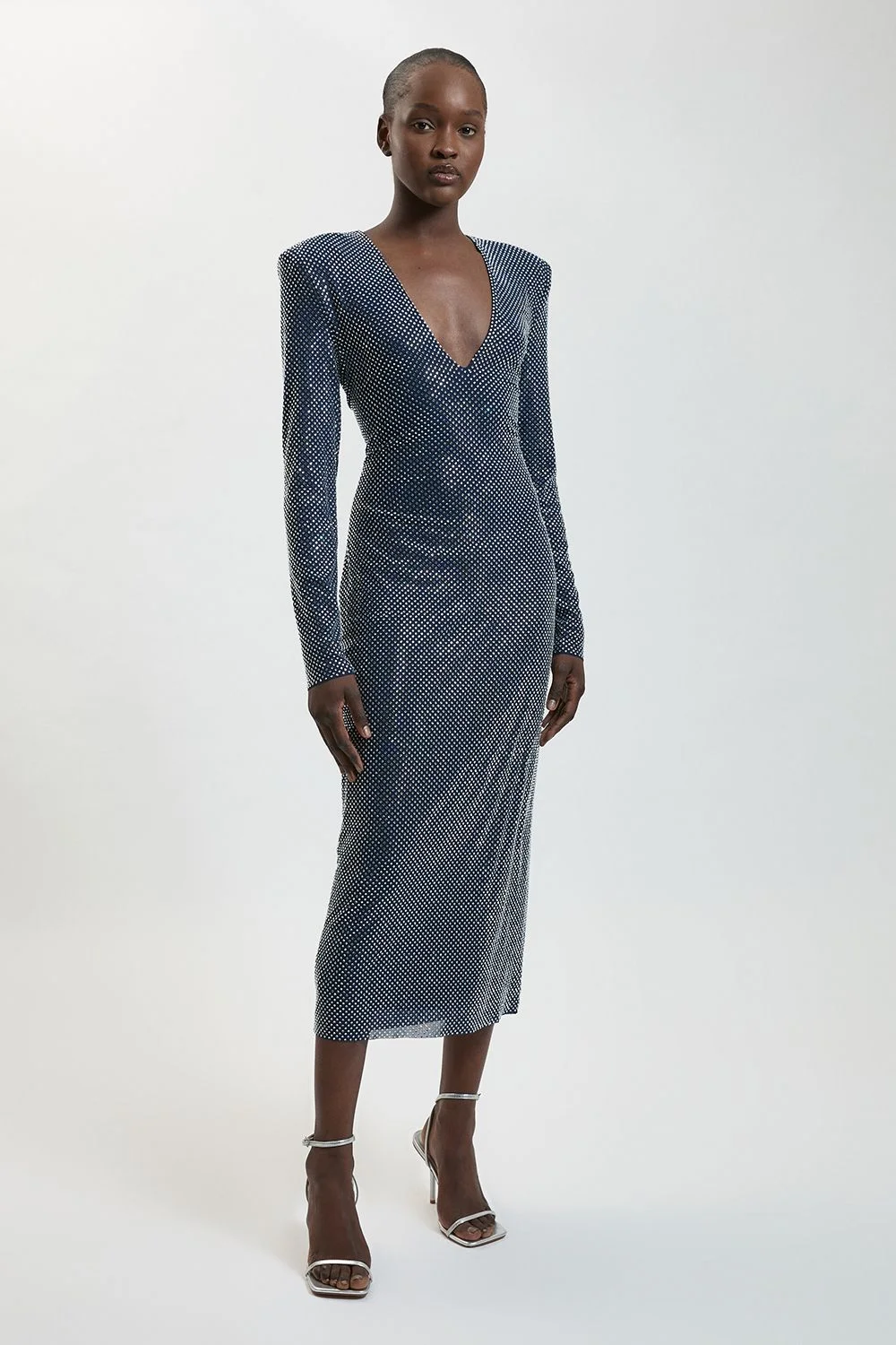 Premium Crystal Embellished Long Sleeve Plunge Neck Midi Dress - 1