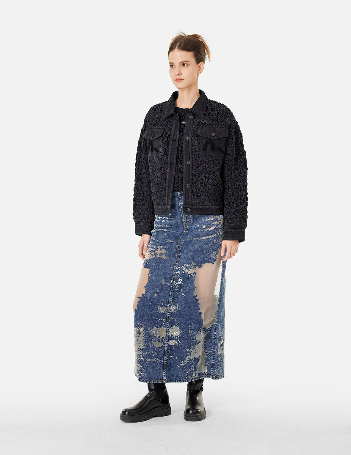 SEAGULL EMBROIDERY TEXTURE OVERSIZED DENIM JACKET - 3