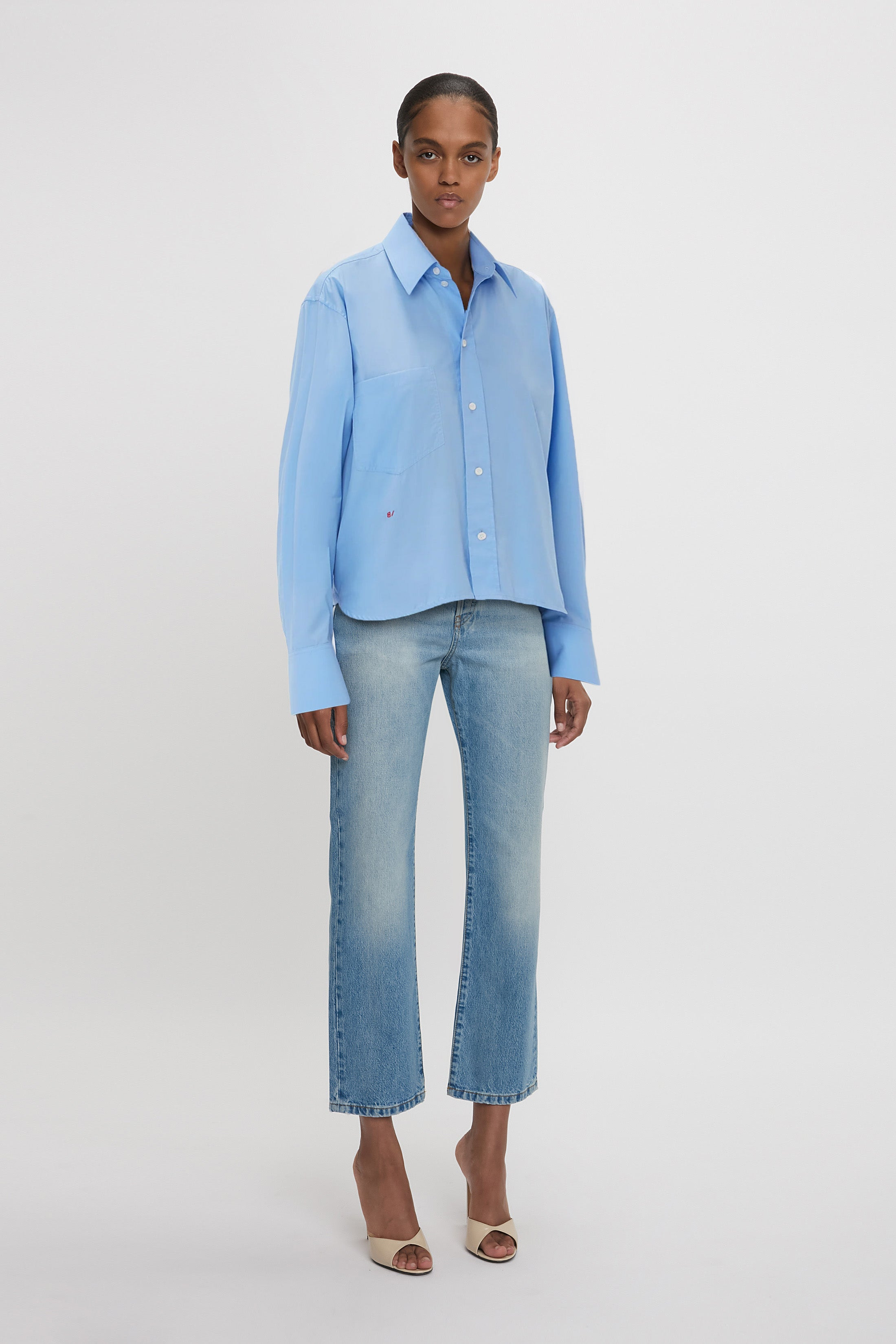 Cropped Long Sleeve Shirt In Oxford Blue - 3