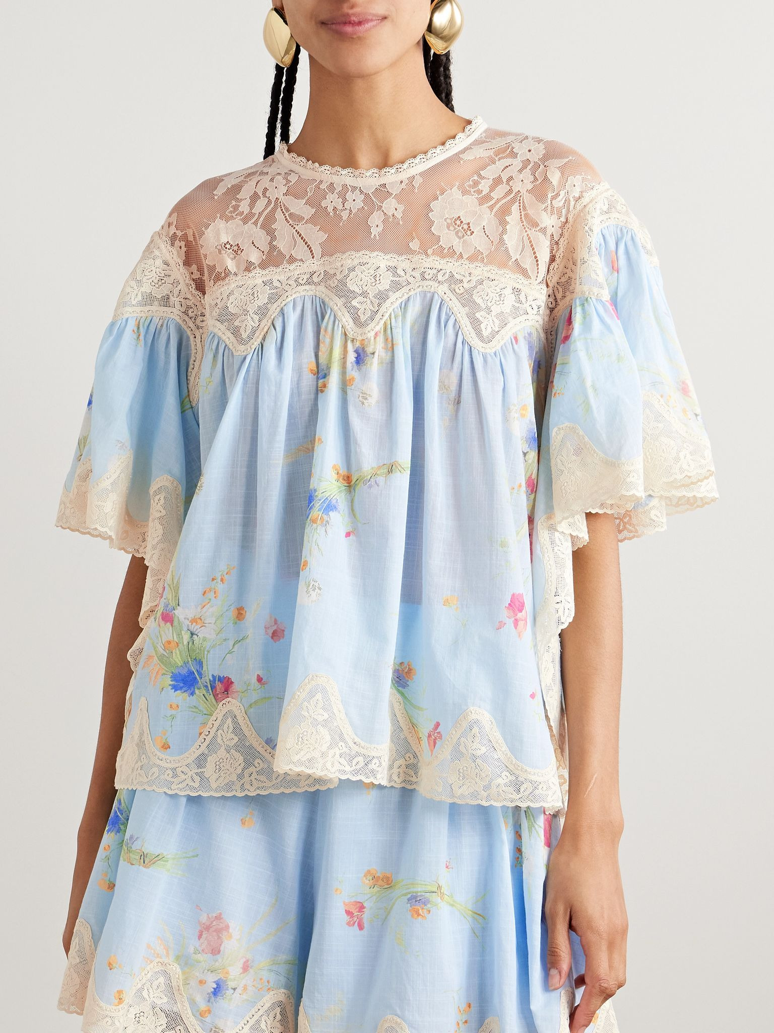 Lucky lace-trimmed floral-print cotton-voile blouse Blue - 3