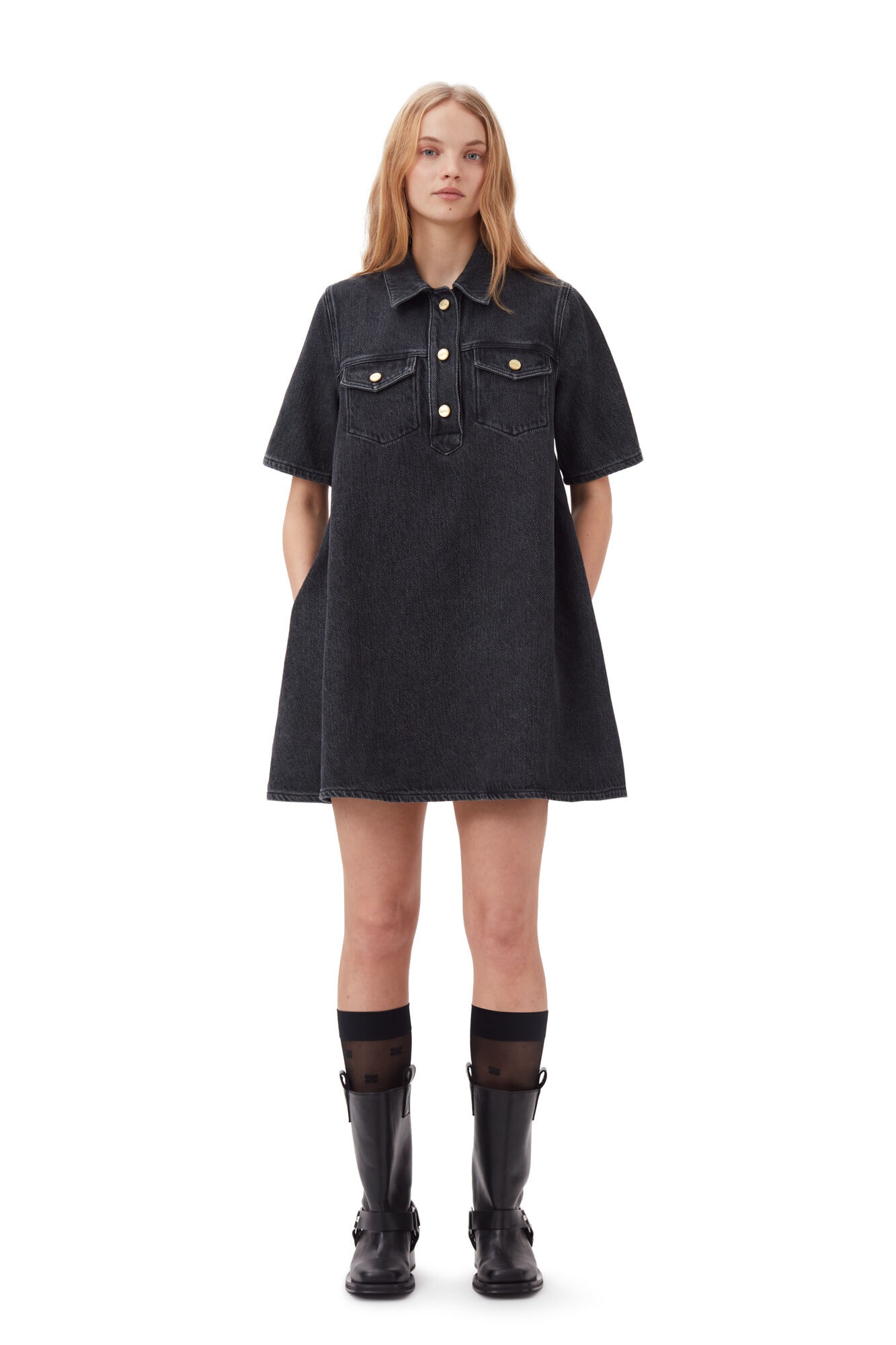 WASHED BLACK HEAVY DENIM MINI DRESS - 2