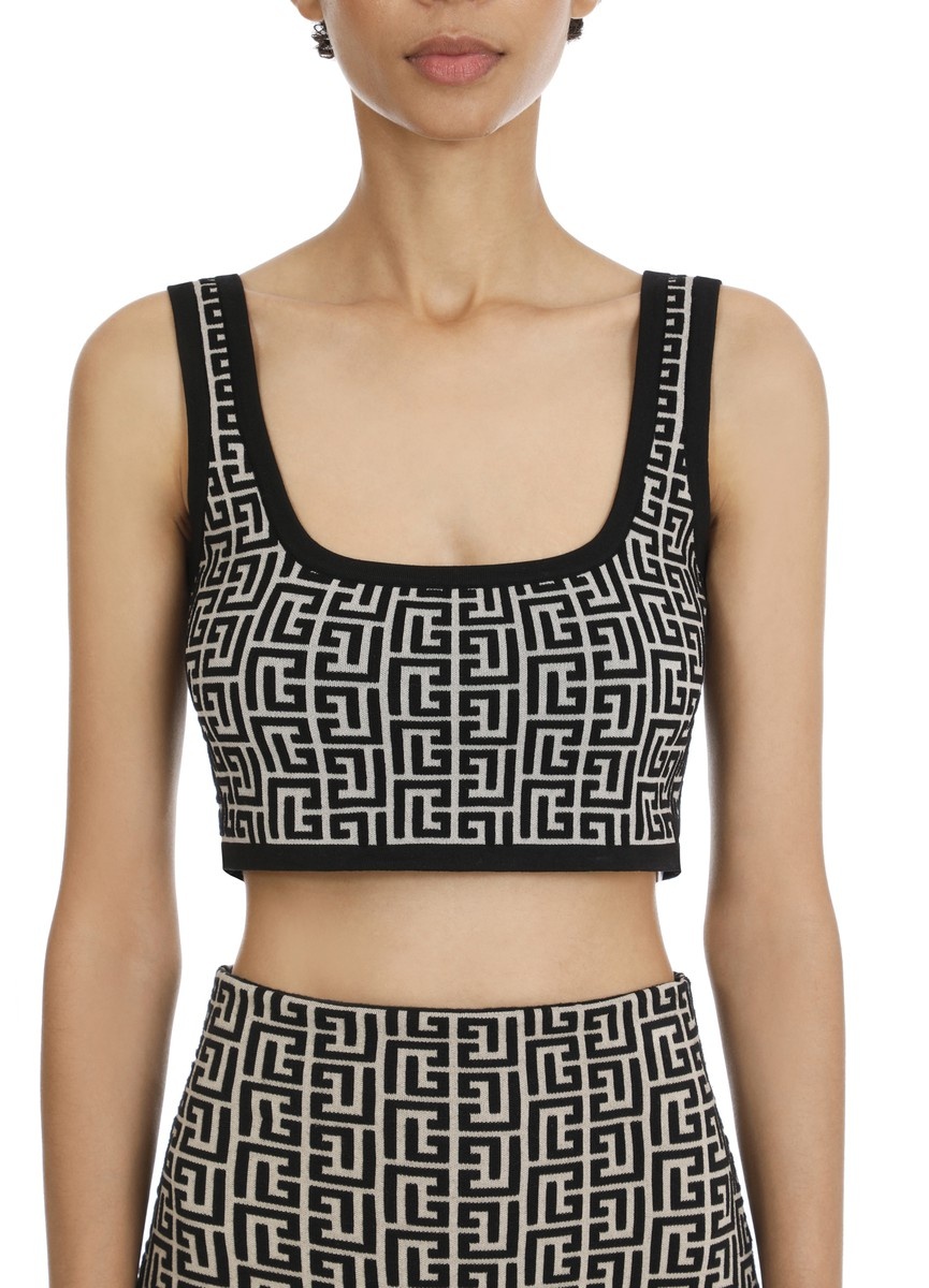 Cropped jacquard sports bra top with monogram - 7