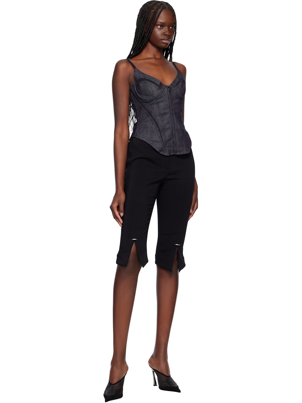 Navy Mesh Corseted Raw Denim Top - 4