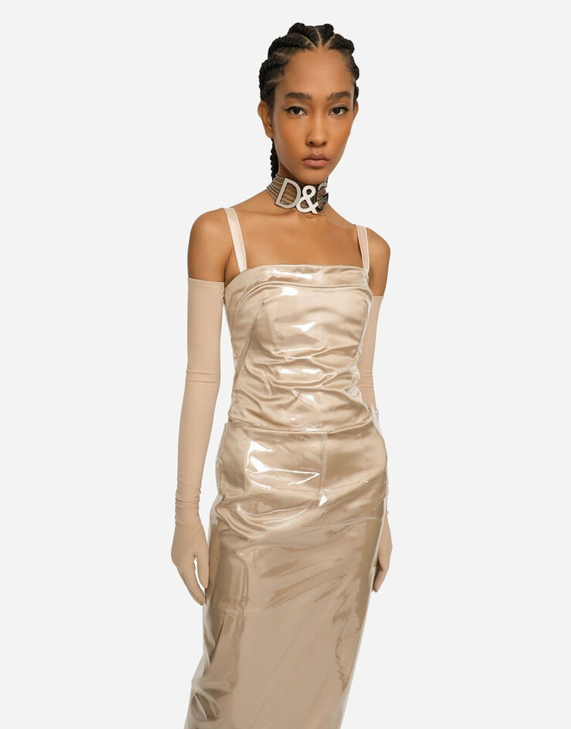 Long satin and PVC calf-length dress 4