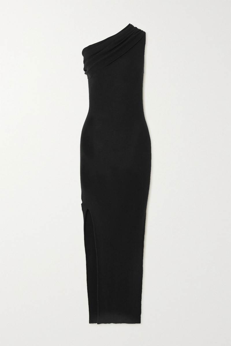 One-shoulder draped ribbed wool dress 1