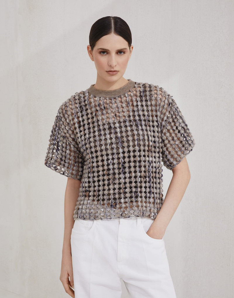 Virgin wool, cashmere and mohair balloon net embroidery knit T-shirt - 1