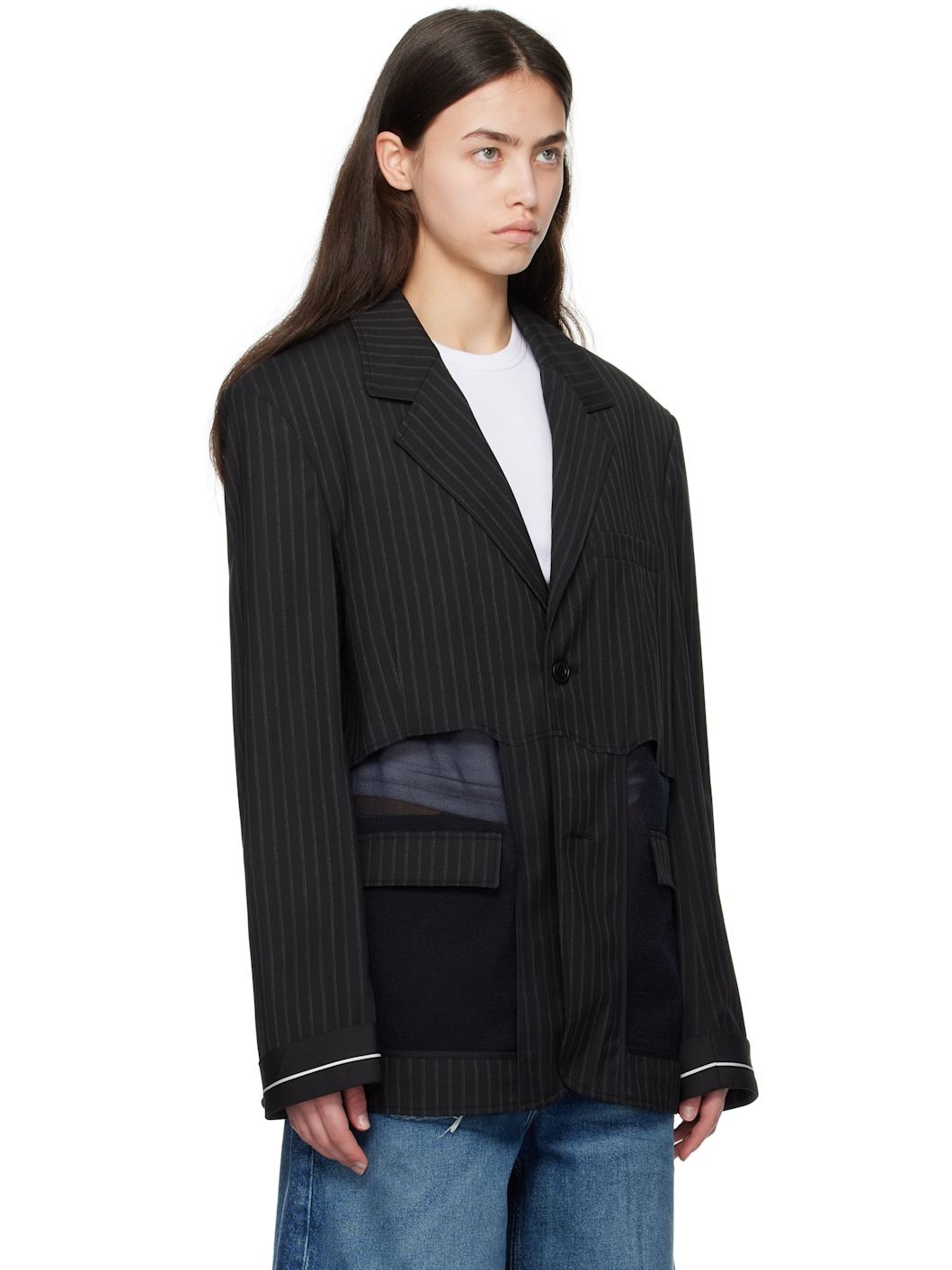 Black Inside Out Stripe Sheer Blazer - 2