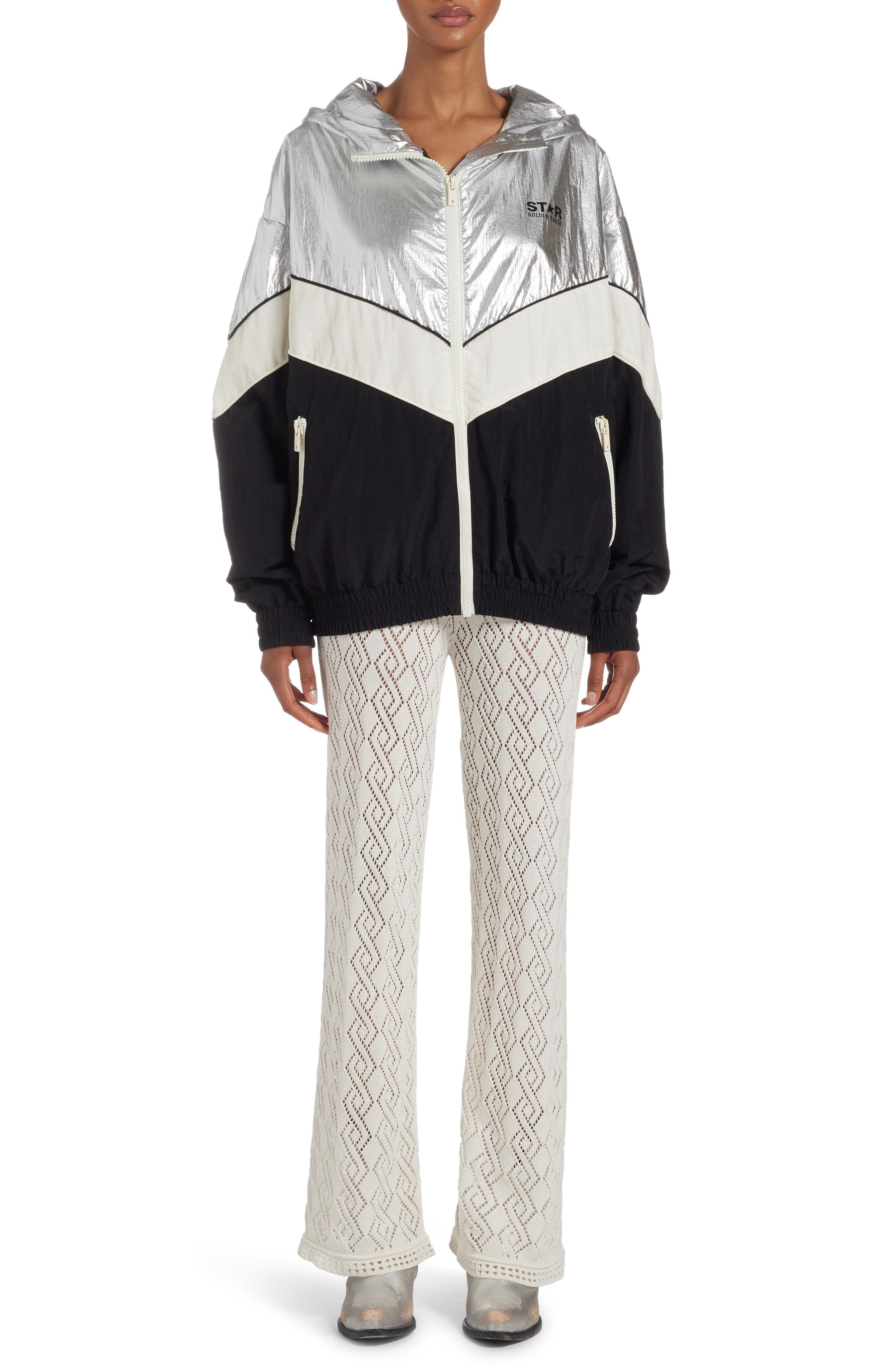 Golden Goose Patchwork Hoodie Windbreaker in Silver/Dark Papyrus/Black at Nordstrom - 2