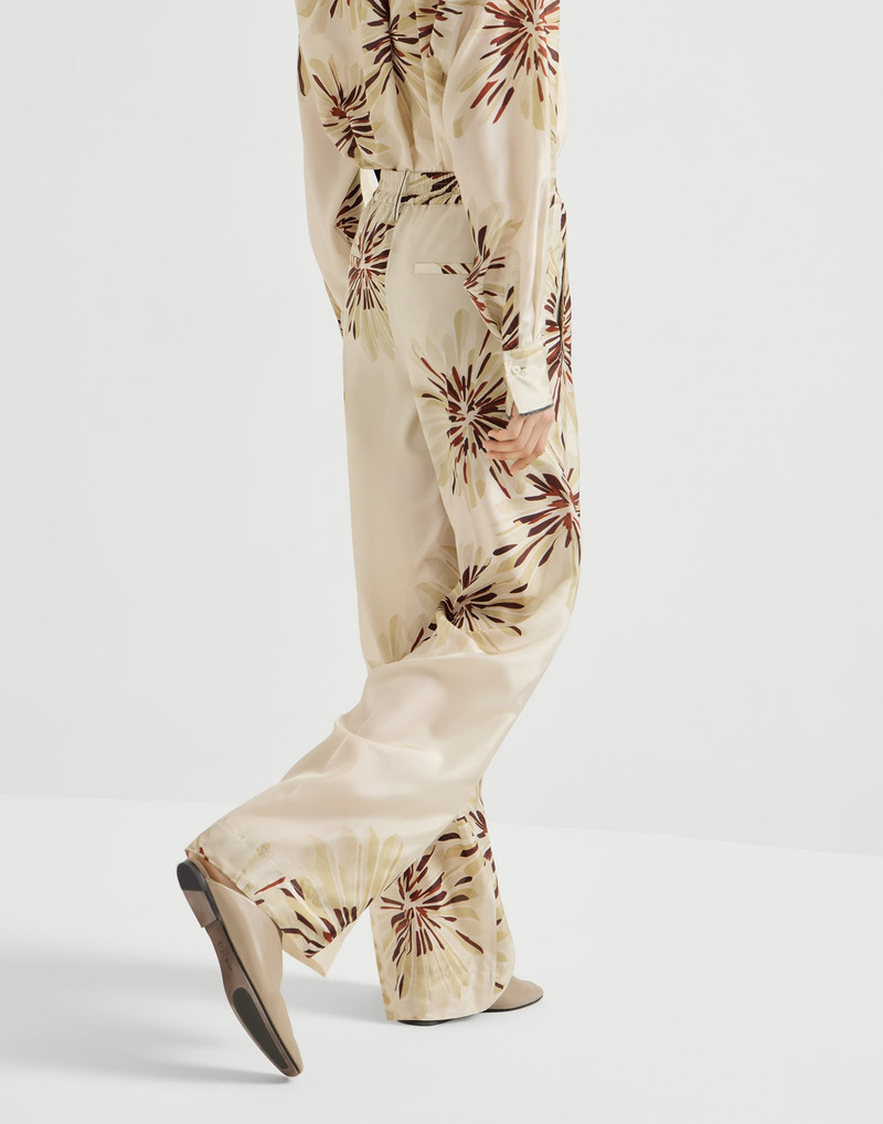 Silk bloom print pongee sartorial track trousers with monili 5