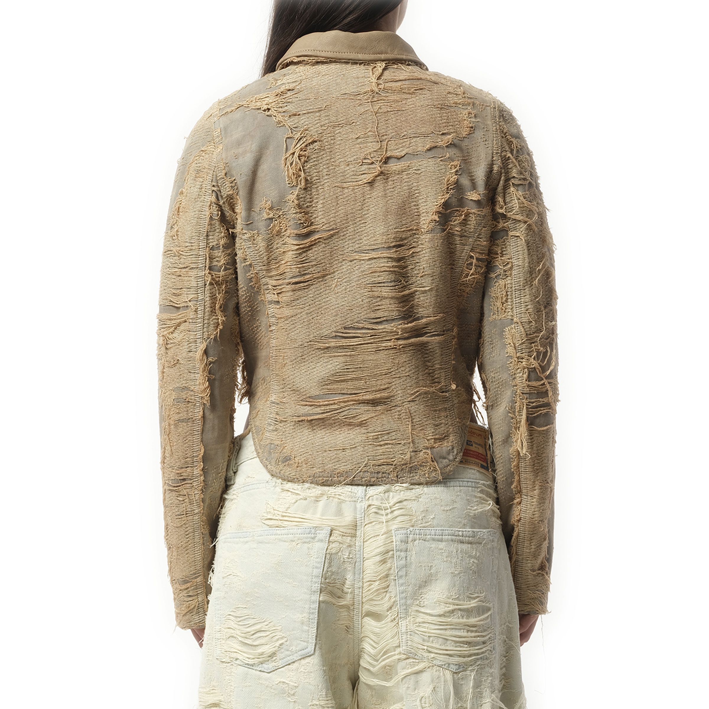 Distressed Effect Denim Jacket in Beige - 6