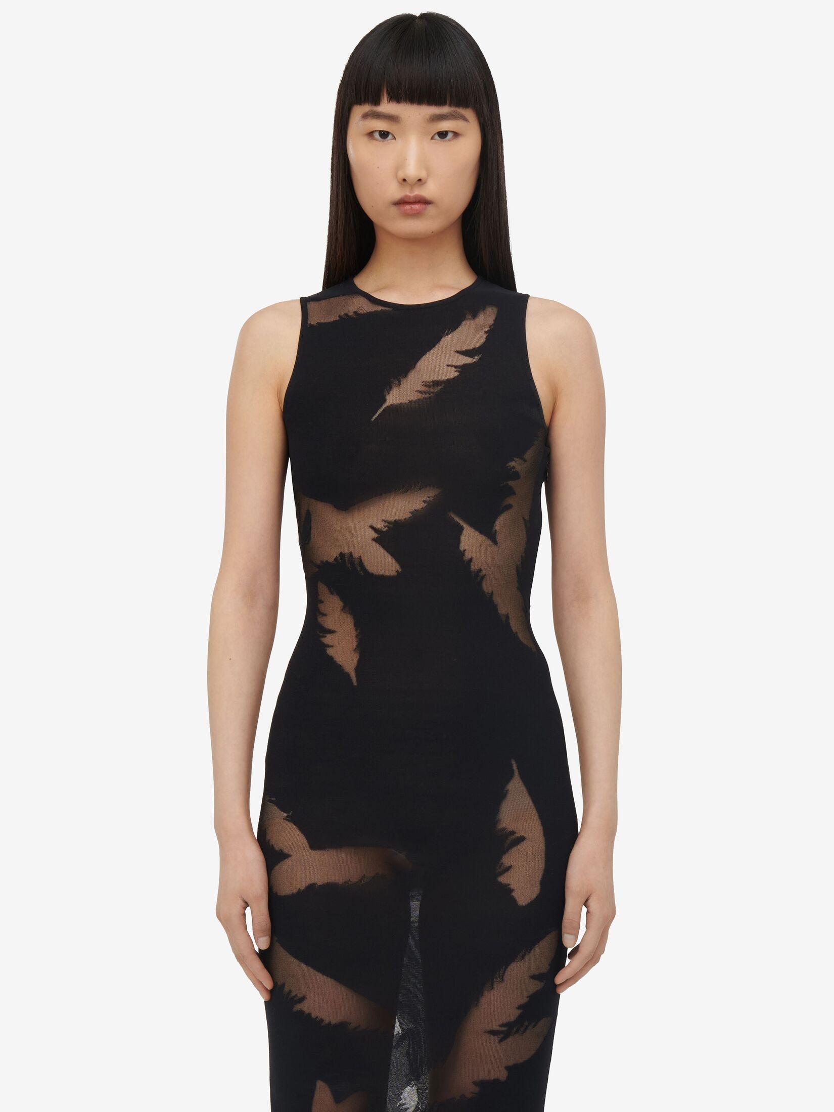 Women's Feather Intarsia Pencil Dress in Black - 5