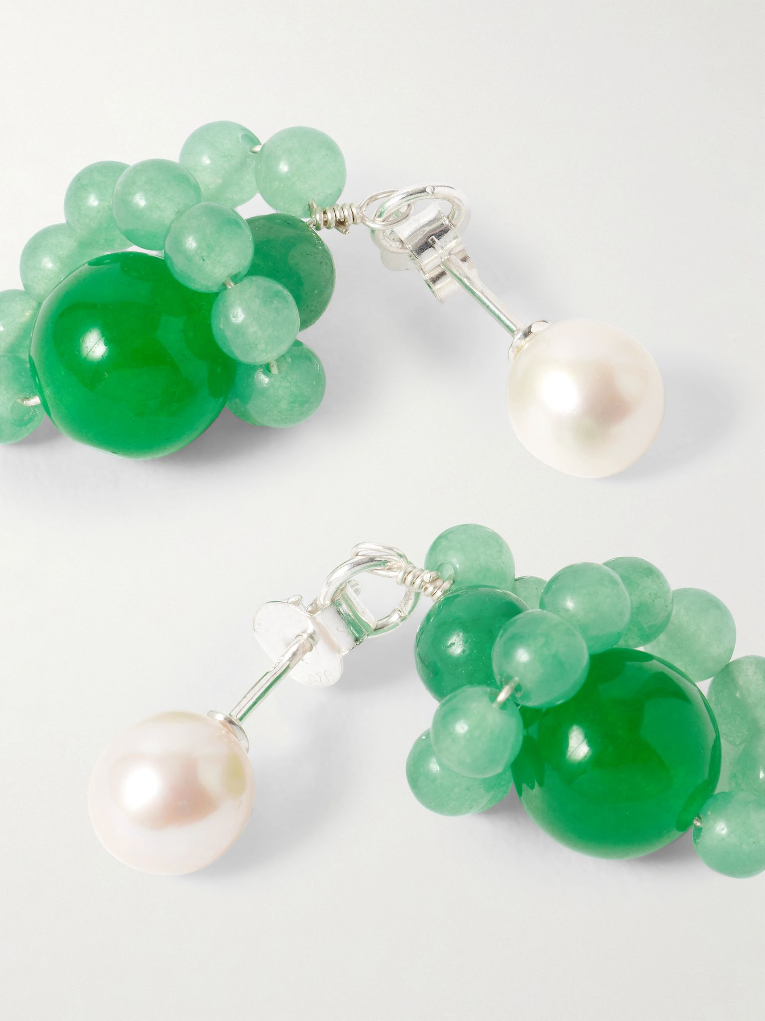 Recycled silver, pearl and beaded earrings Green - 3