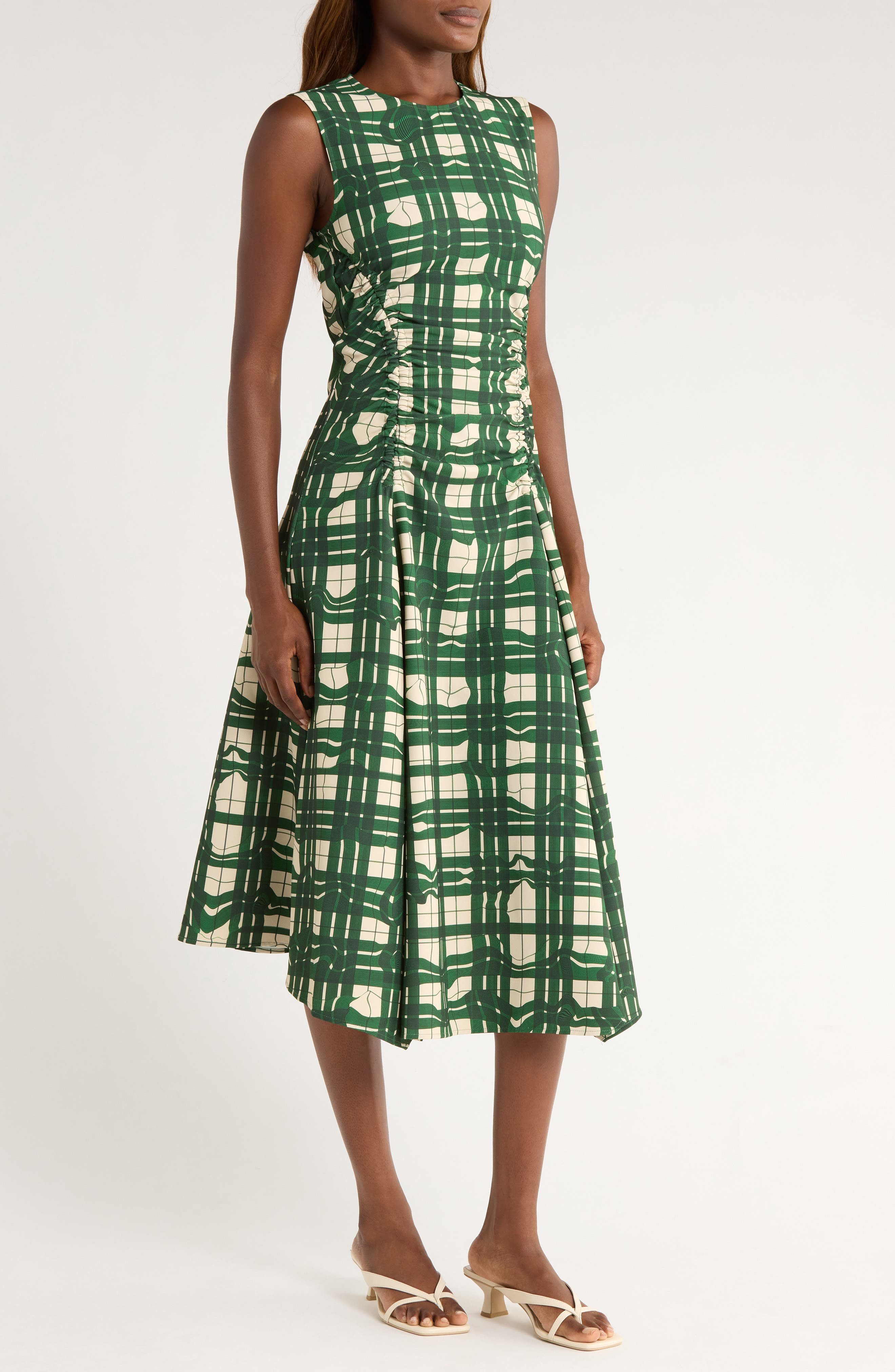 Stine Goya Check Ruched Sleeveless Midi Dress in Checkered Wave at Nordstrom - 3