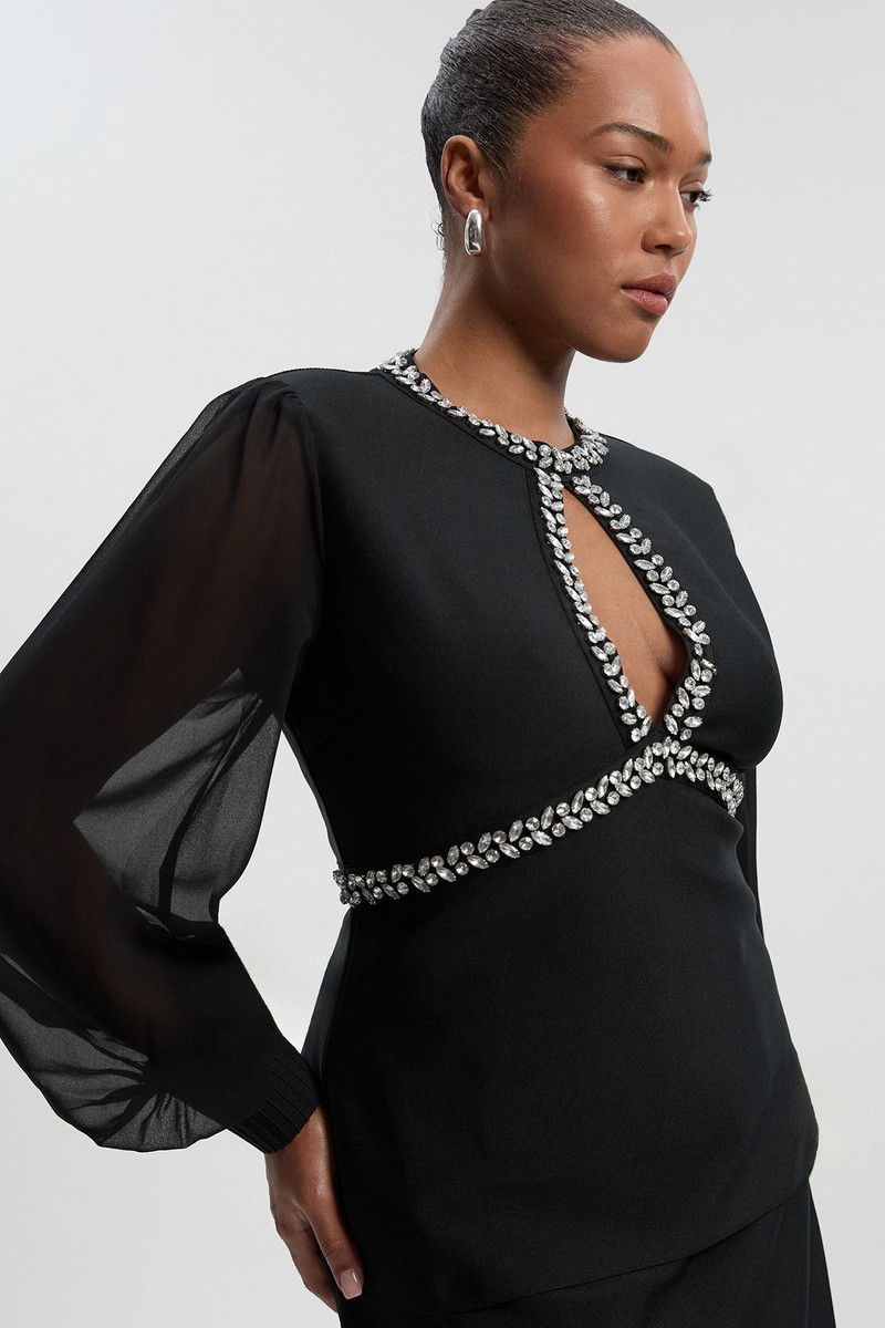 Plus Size Bandage Embellished And Chiffon Sleeve Figure Form Knit Top 1