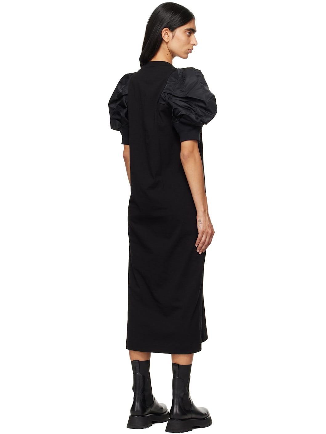 Black Nylon Twill & Cotton Jersey Maxi Dress - 3