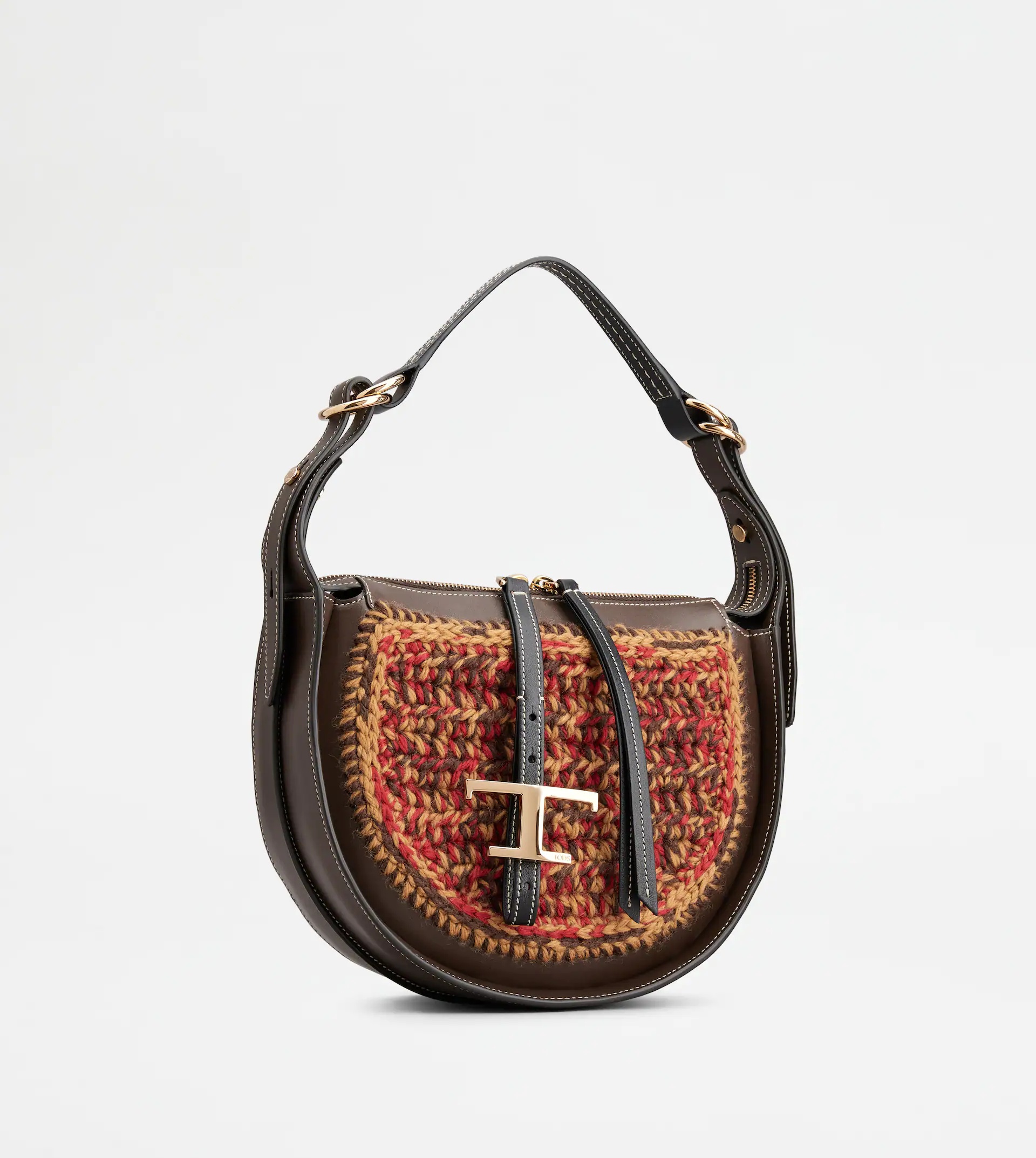 TIMELESS HOBO BAG IN LEATHER AND WOOL SMALL - BROWN, RED, BEIGE - 3