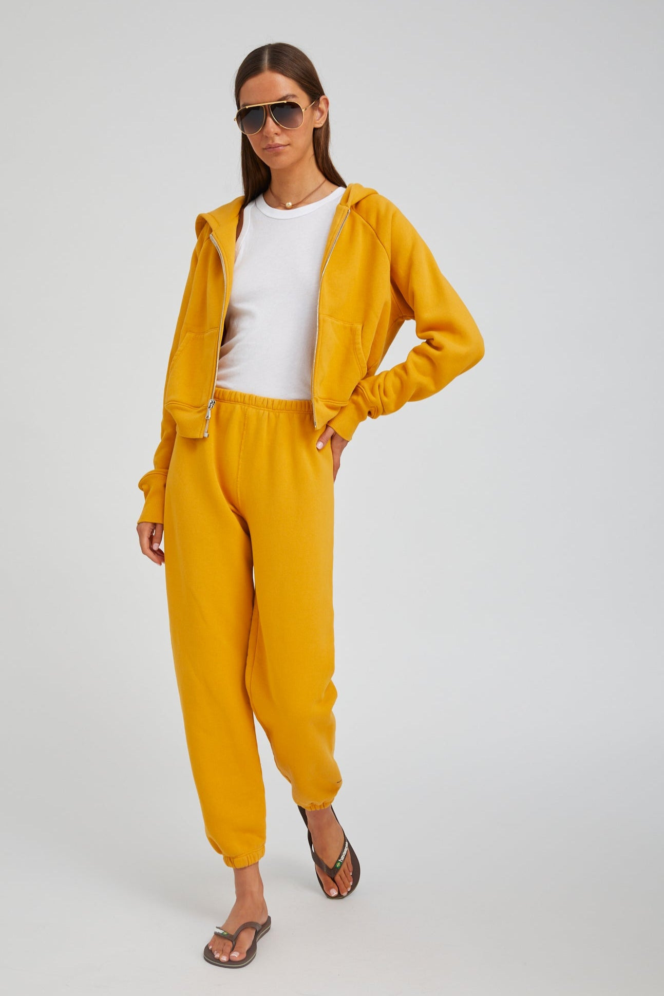 MUSTARD COTTON SHRUNKEN ZIP UP HOODIE - 4