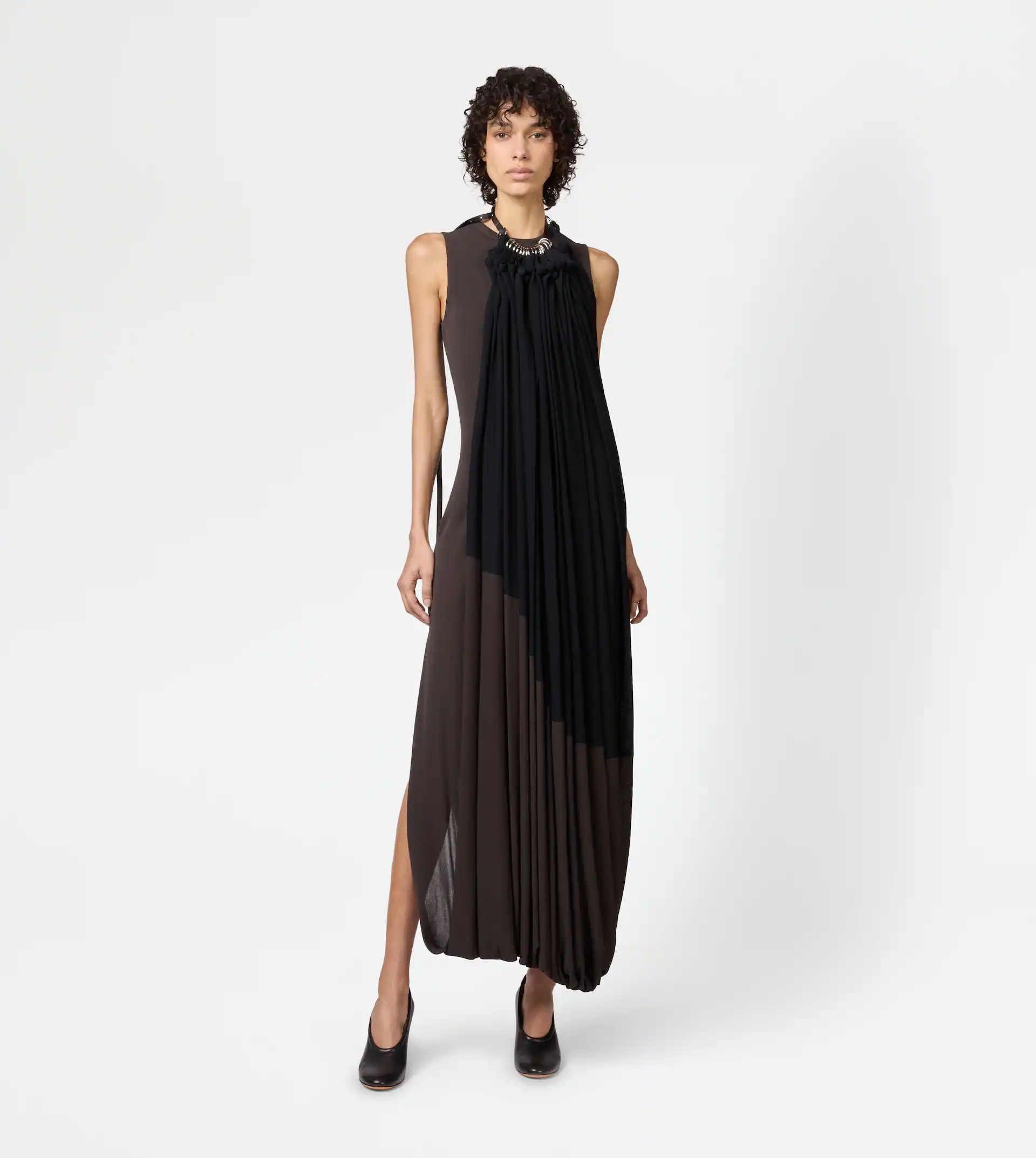 DRESS WITH DRAPE IN STRETCH VISCOSE - BROWN, BLACK - 2