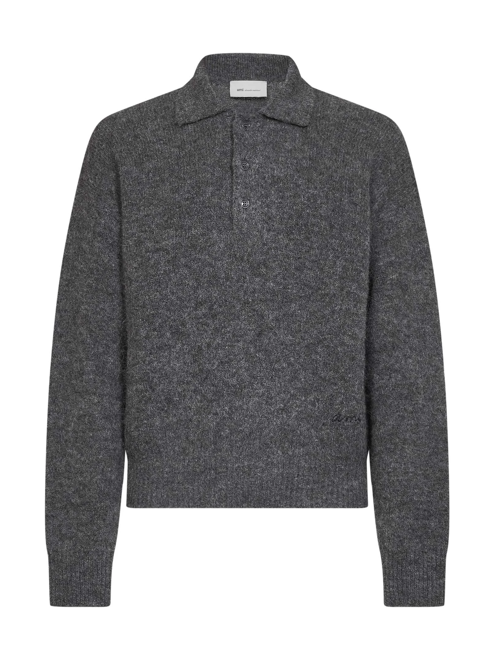 Charcoal grey alpaca-blend knit embroidered polo shirt - 1