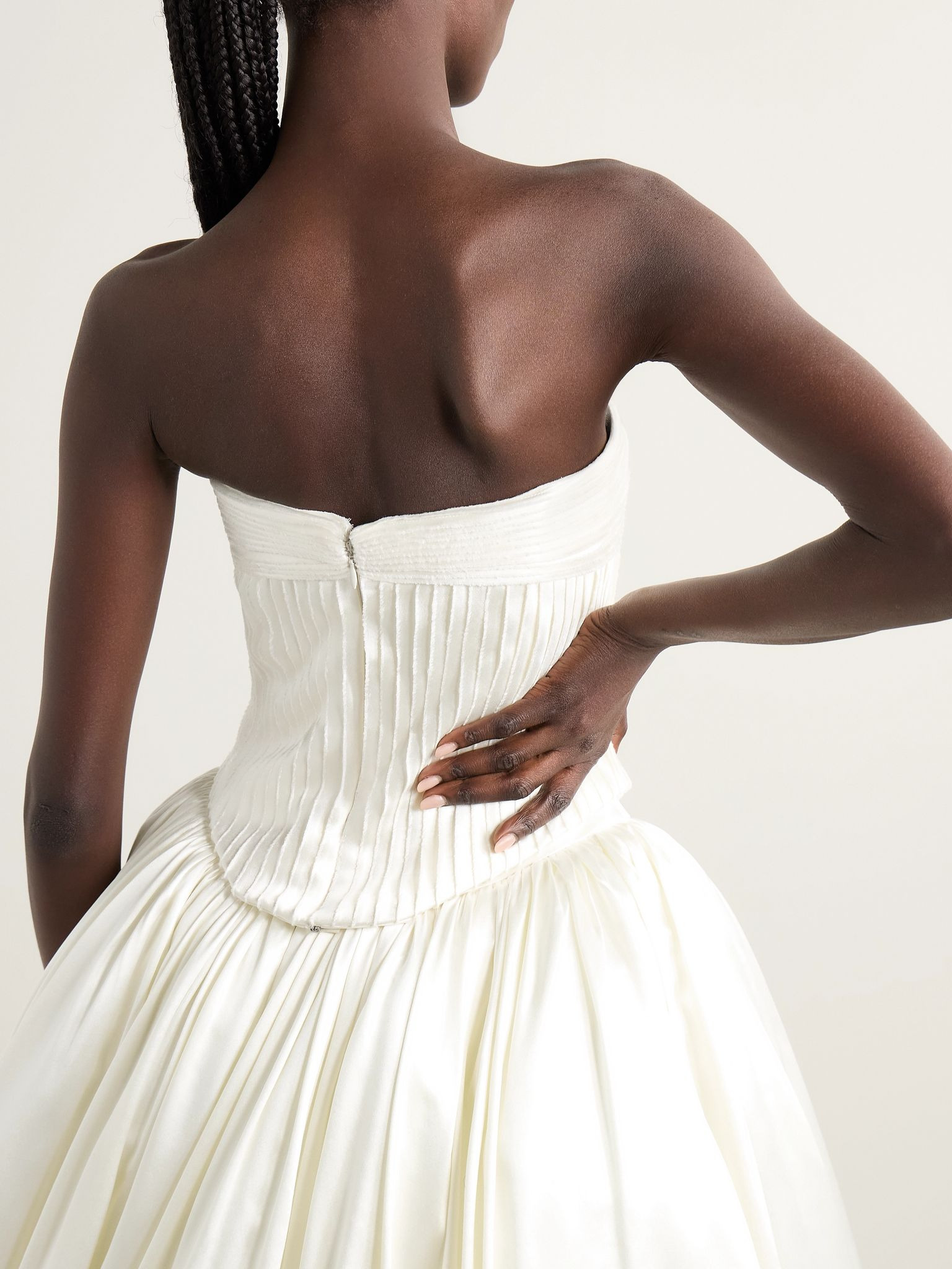 Ella strapless frayed pintucked silk and wool-blend satin bustier top Off-white - 3