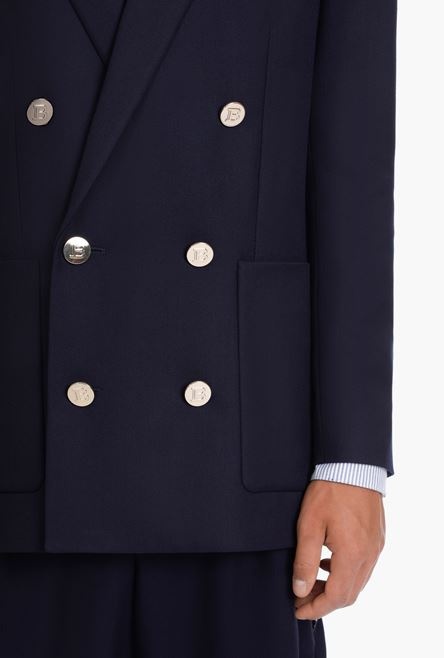 Navy blue wool blazer with double-breasted silver-tone buttoned fastening - 6