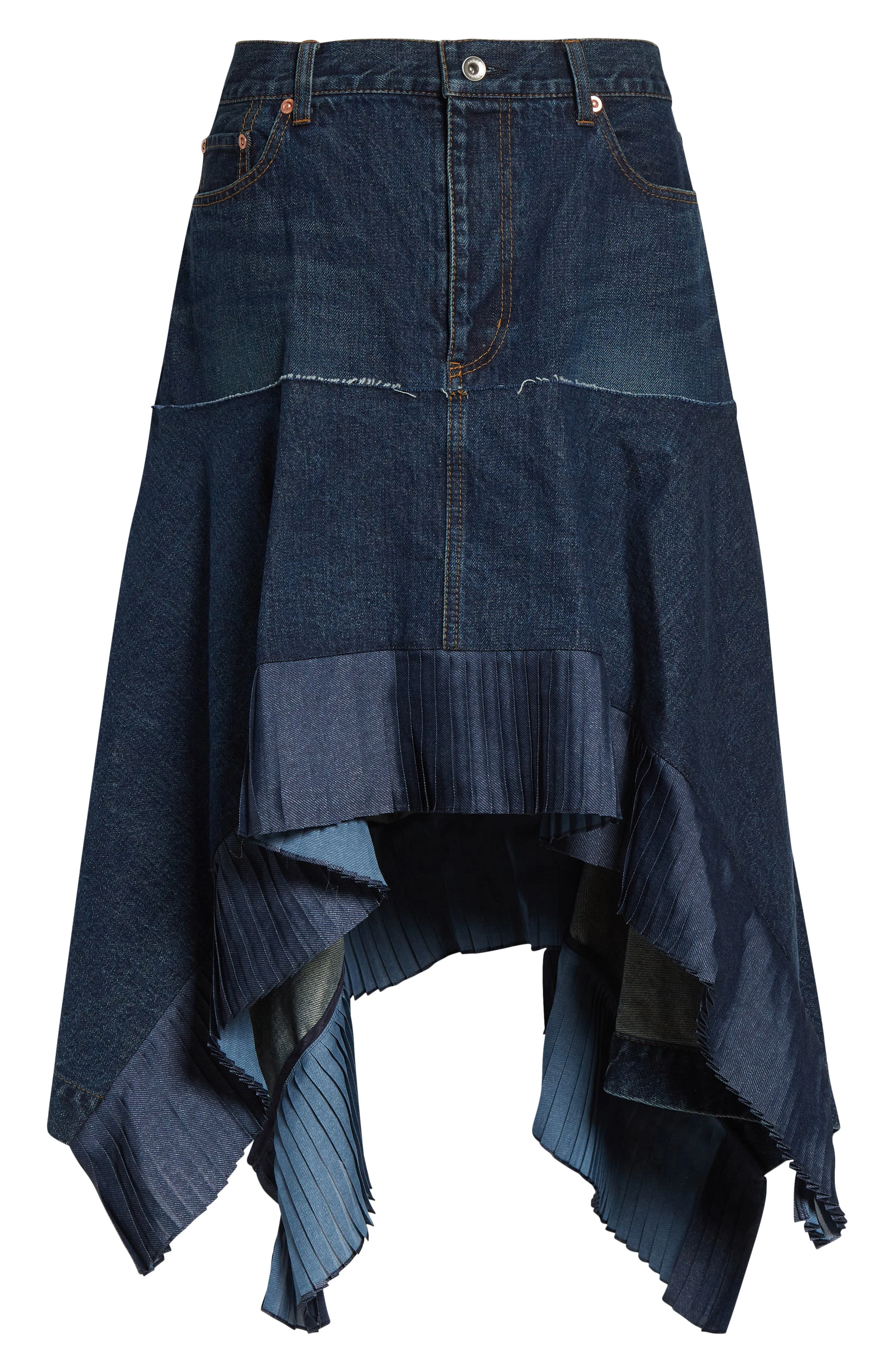 Sacai Mixed Media Asymmetric Satin & Denim Midi Skirt in Blue at Nordstrom - 1