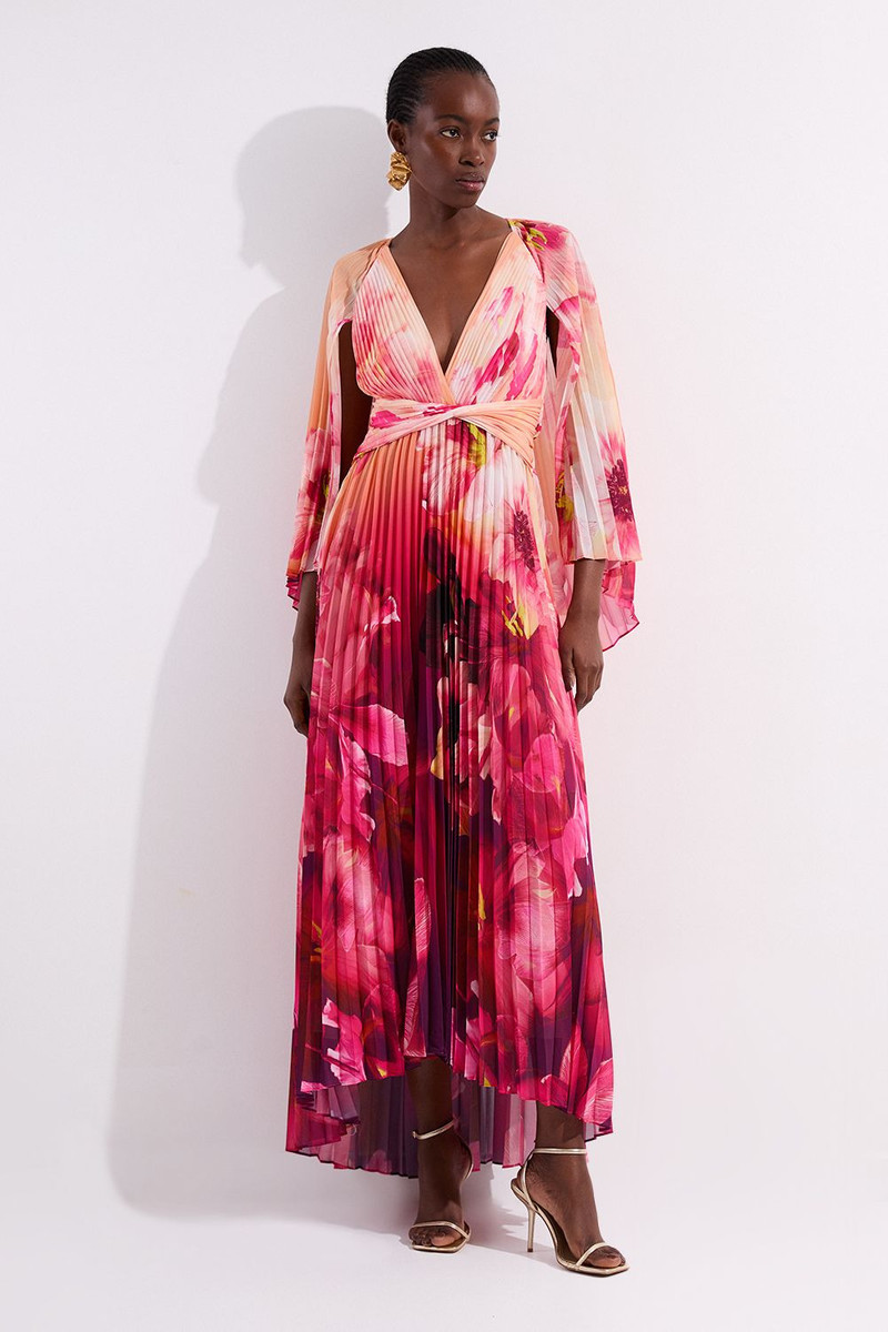 Ombre Floral Soft Pleated Woven Maxi With Cape Detail 1