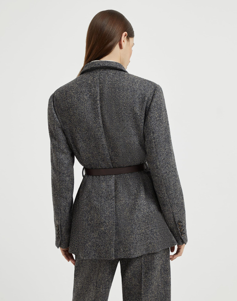 Brunello Cucinelli Virgin wool herringbone tweed blazer with monili and belt outlook