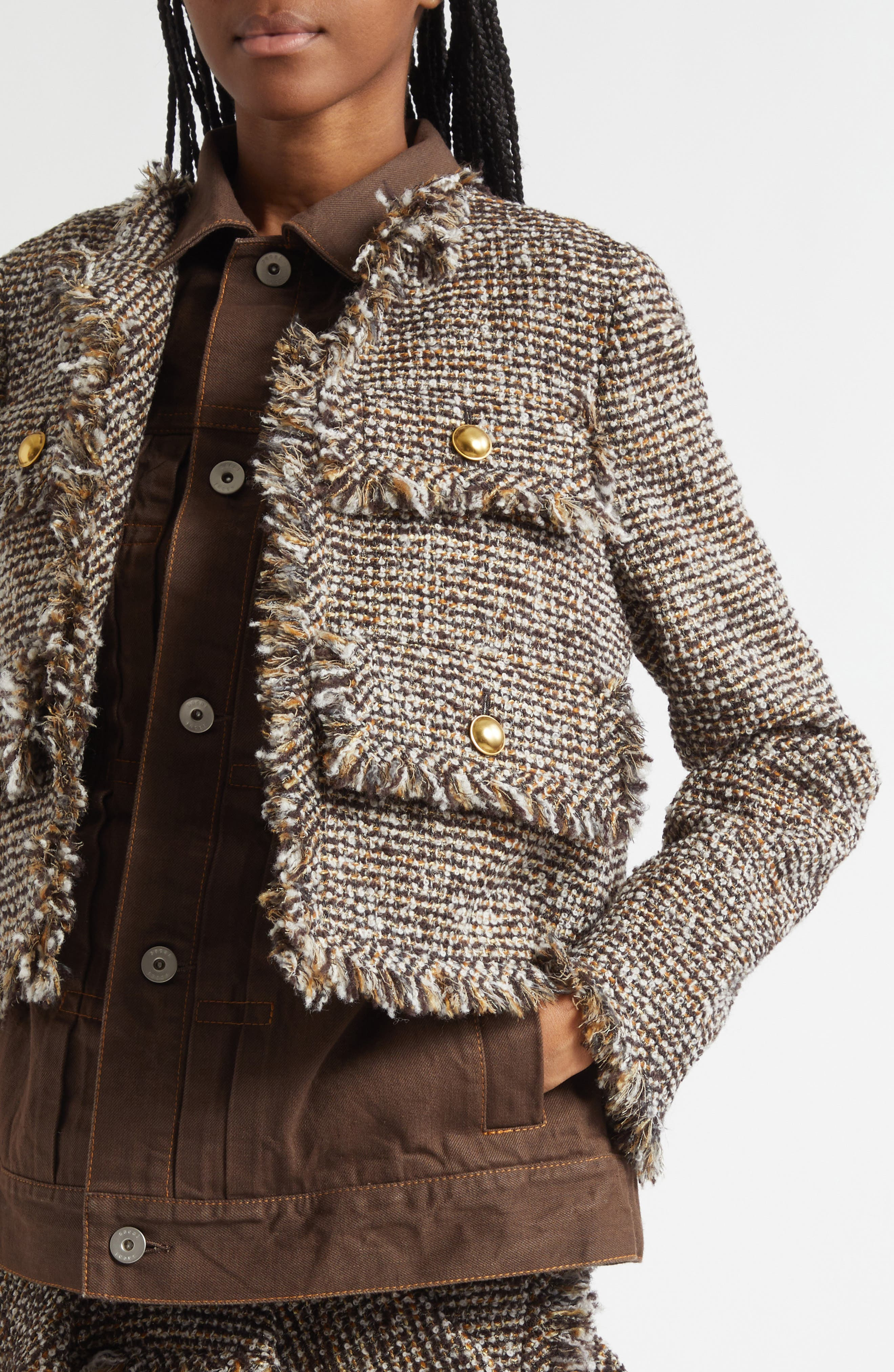 Sacai Tweed & Denim Layered Jacket in Brown at Nordstrom - 5