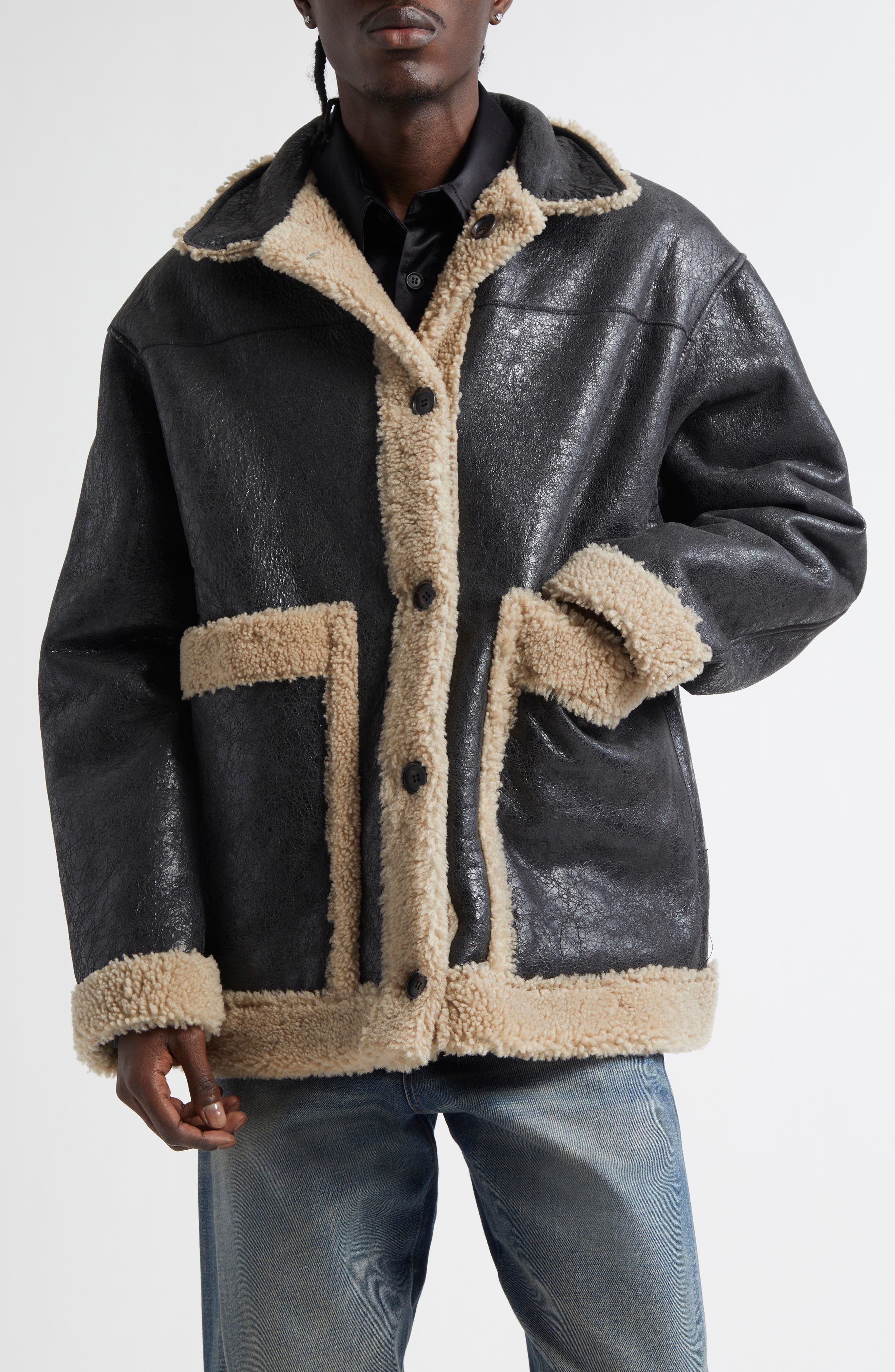 MM6 Maison Margiela Reversible Lambskin Leather & Genuine Shearling Coat in Beige/Black at Nordstrom - 3