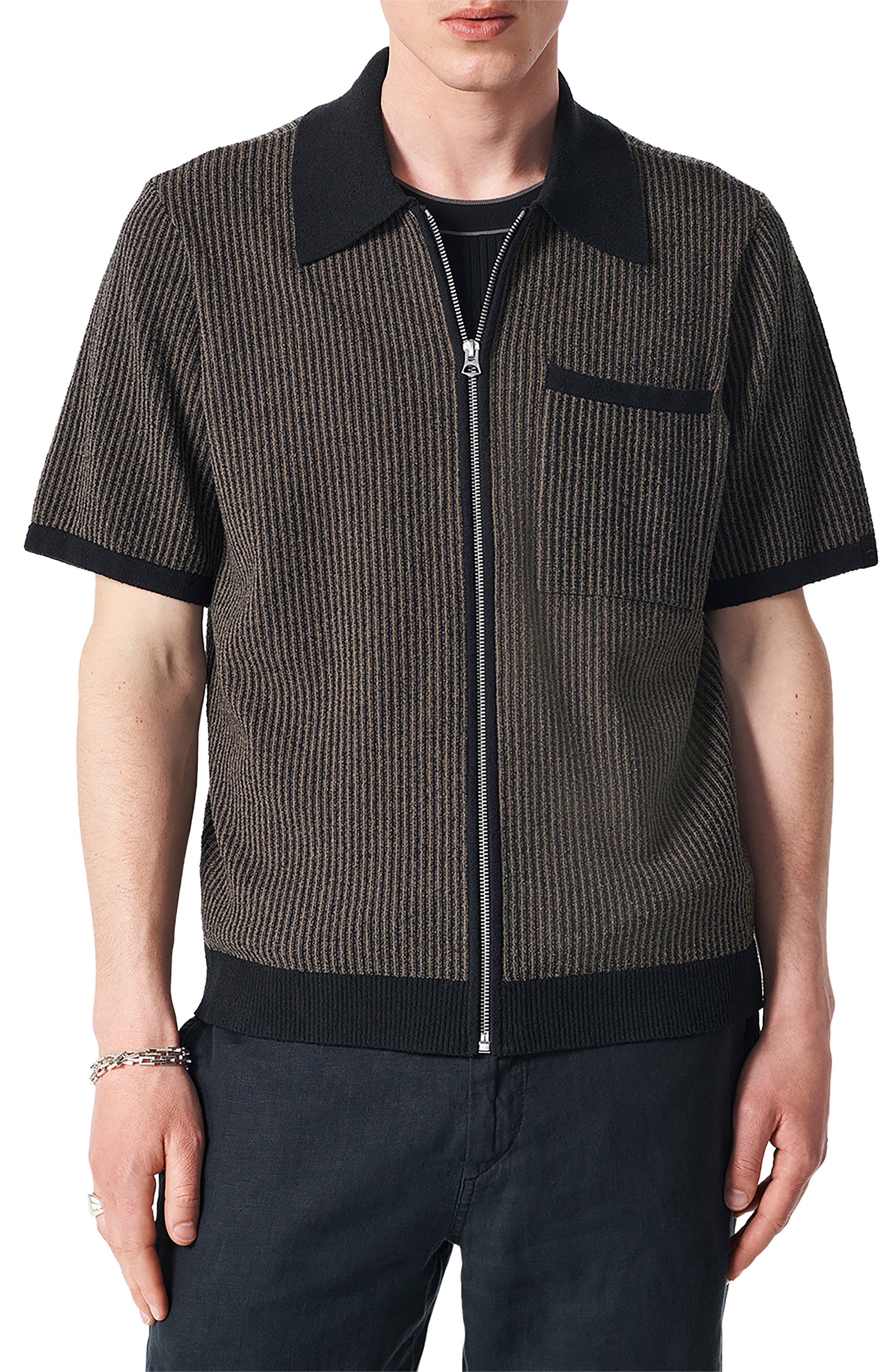 rag & bone Zuma Jacquard Stripe Short Sleeve Knit Zip-Up Shirt in Black at Nordstrom - 1