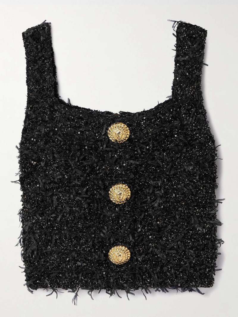Cropped button-embellished sequined metallic bouclé-tweed top Black 1