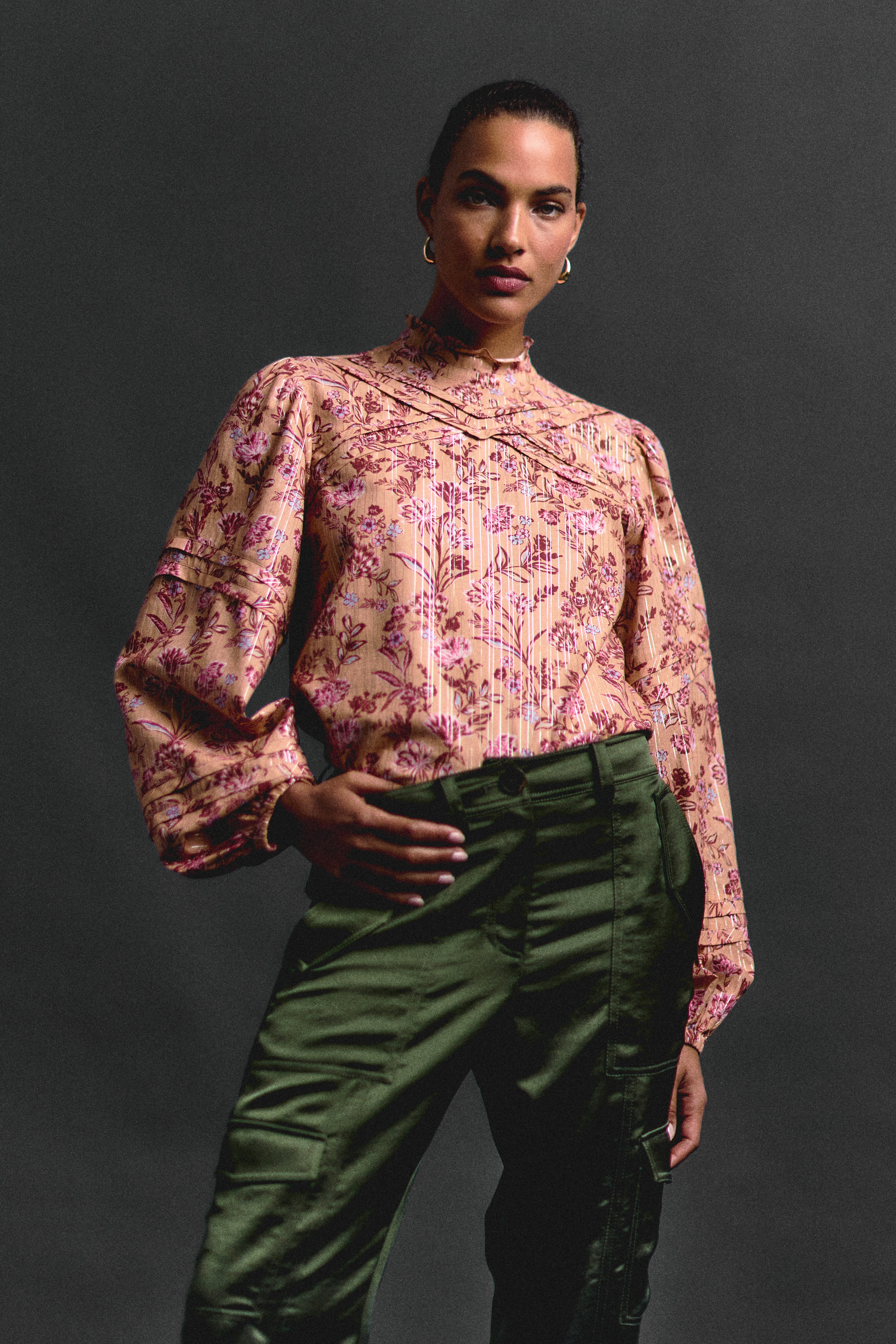 MARLOWE LUREX STRIPE PRINTED VOILE LONG SLEEVE BLOUSE - 2