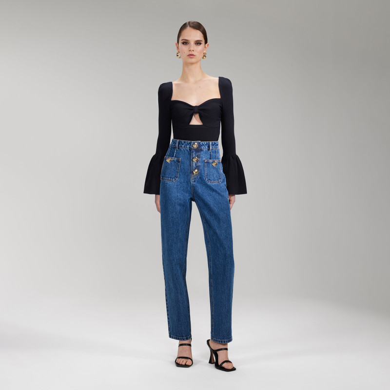 Black Ribbed Knit Bow Bust Top 1