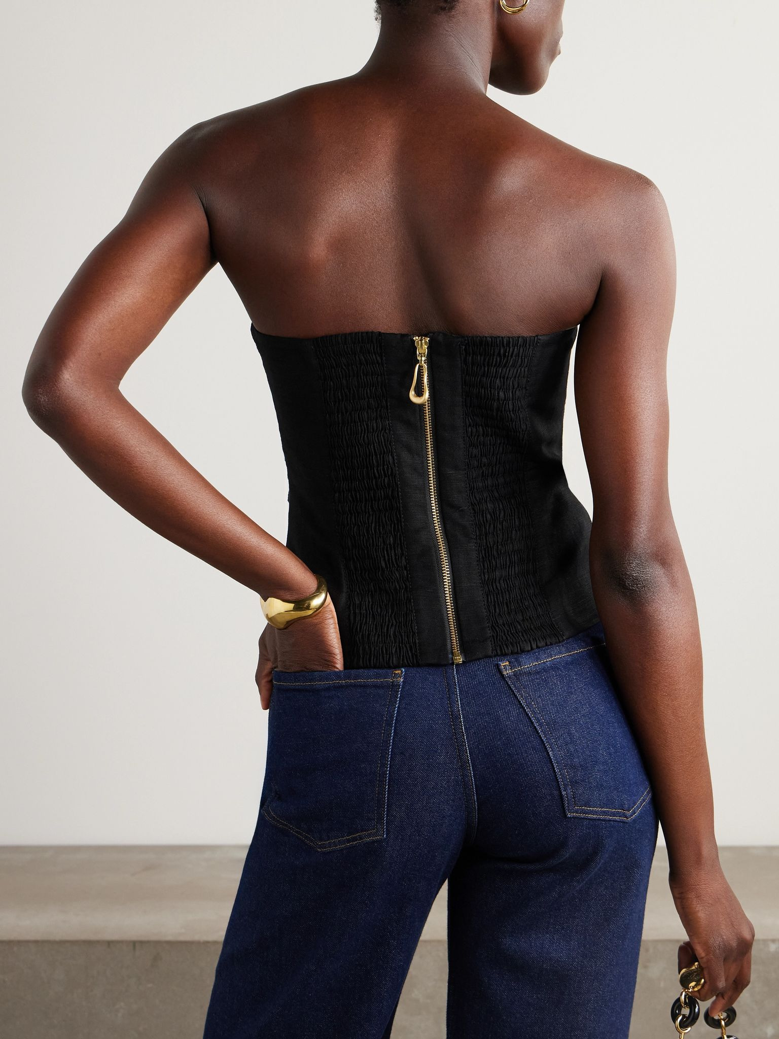Otta strapless pleated linen-blend bustier top Black - 3