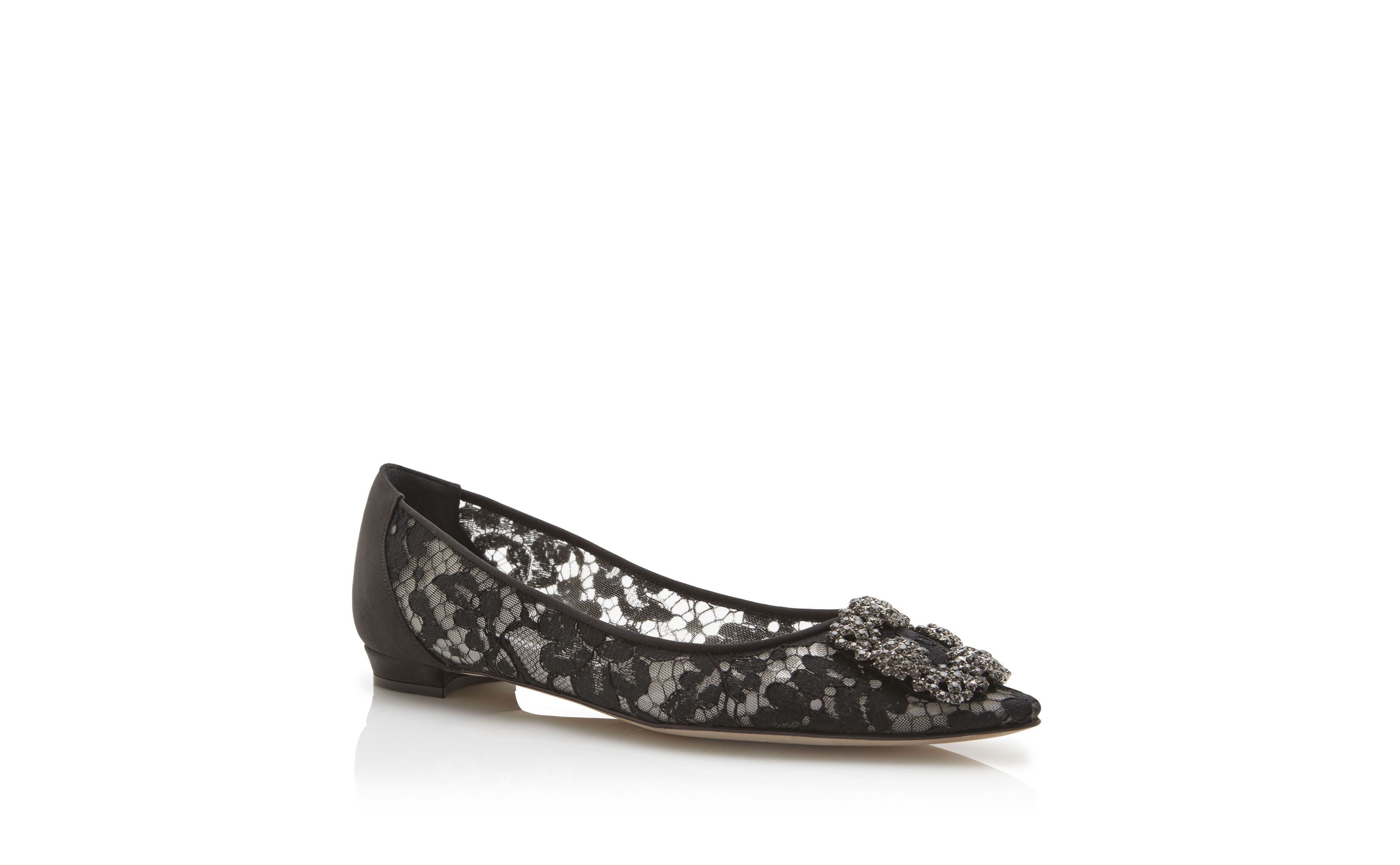 Black Lace Jewel Buckle Flat Shoes - 3