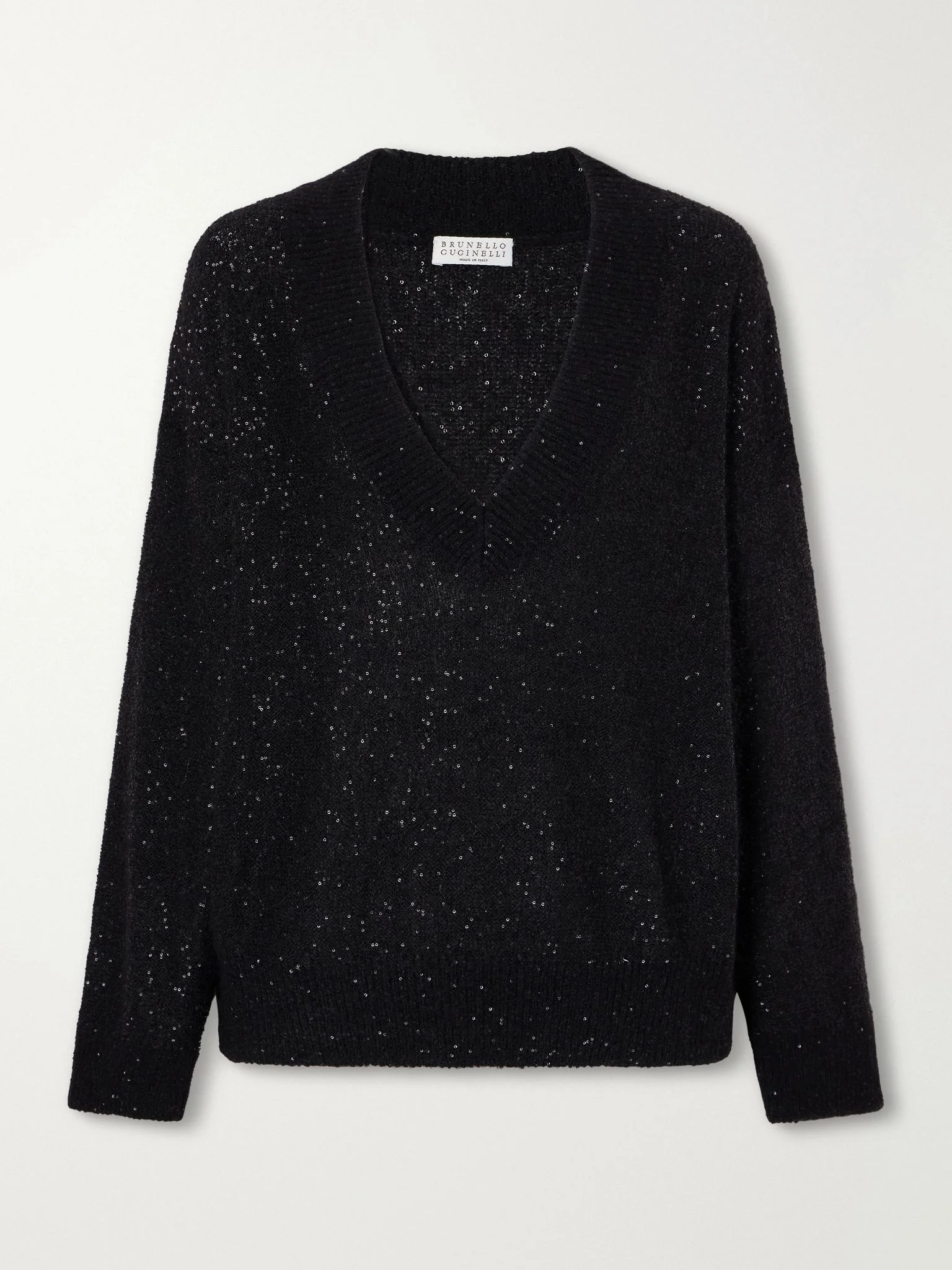 Sequined rib-trimmed knitted sweater Black - 1